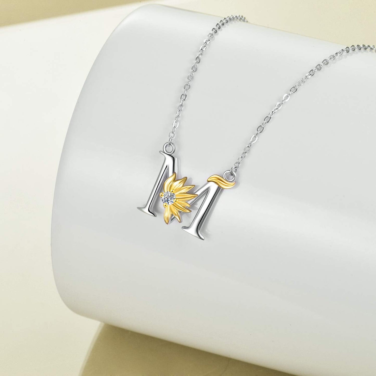 POPLYKE Sterling Silver Initial Alphabet Letter Script Name Pendant Chain Necklace for Women for (Sunflower M)