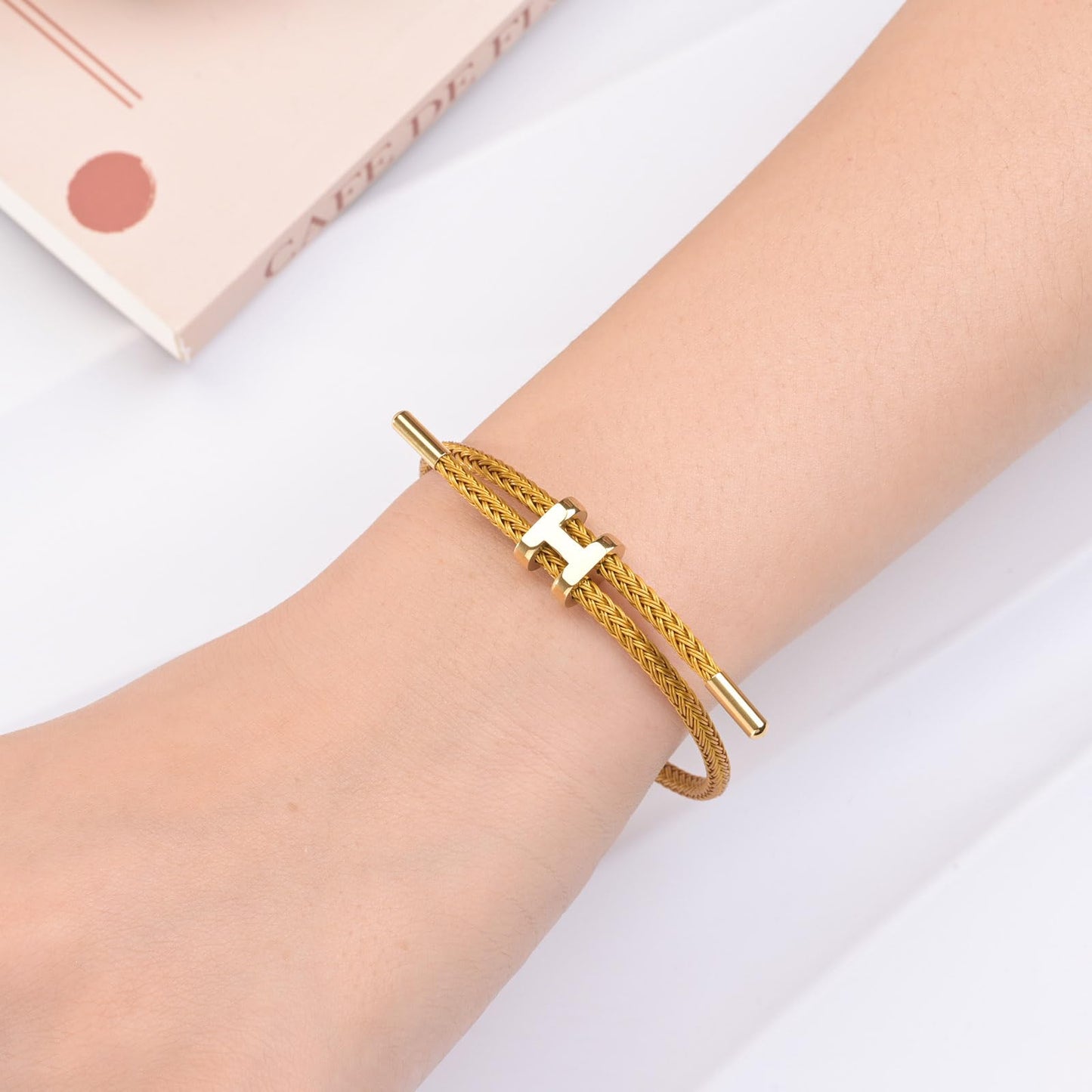 Hothink H Bracelets for Women,H Bangle and H Wire Rope Bracelet Set,Dainty 18K Gold Plated Bracelets Set for Christmas Mothers Day Gifts for Women (Gold-Orange)
