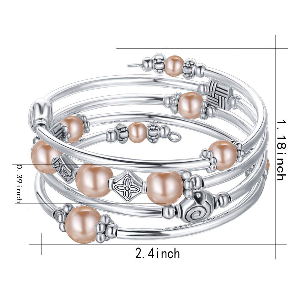 Beaded Pearl Bangle Wrap Bracelet - Fashion Bohemian Jewelry Multilayer Charm Bracelet with Thick Silver Metal Beads, Gift For Women(Champagne)