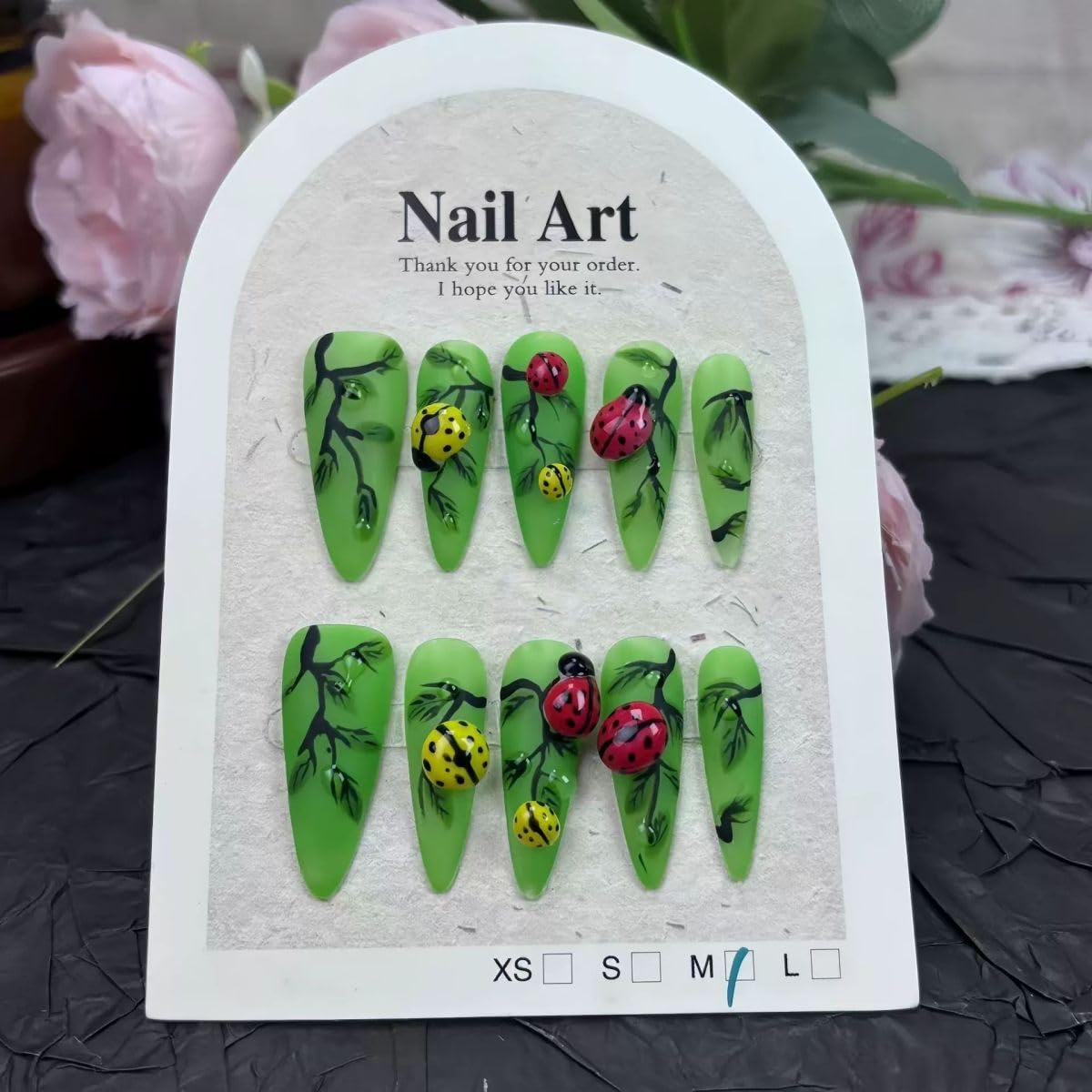 Threelegscat Green Handmade Press on Nails Long Acrylic Nails with Leaves and Insects Pattern Designs for Women and Girls Size L 10pcs