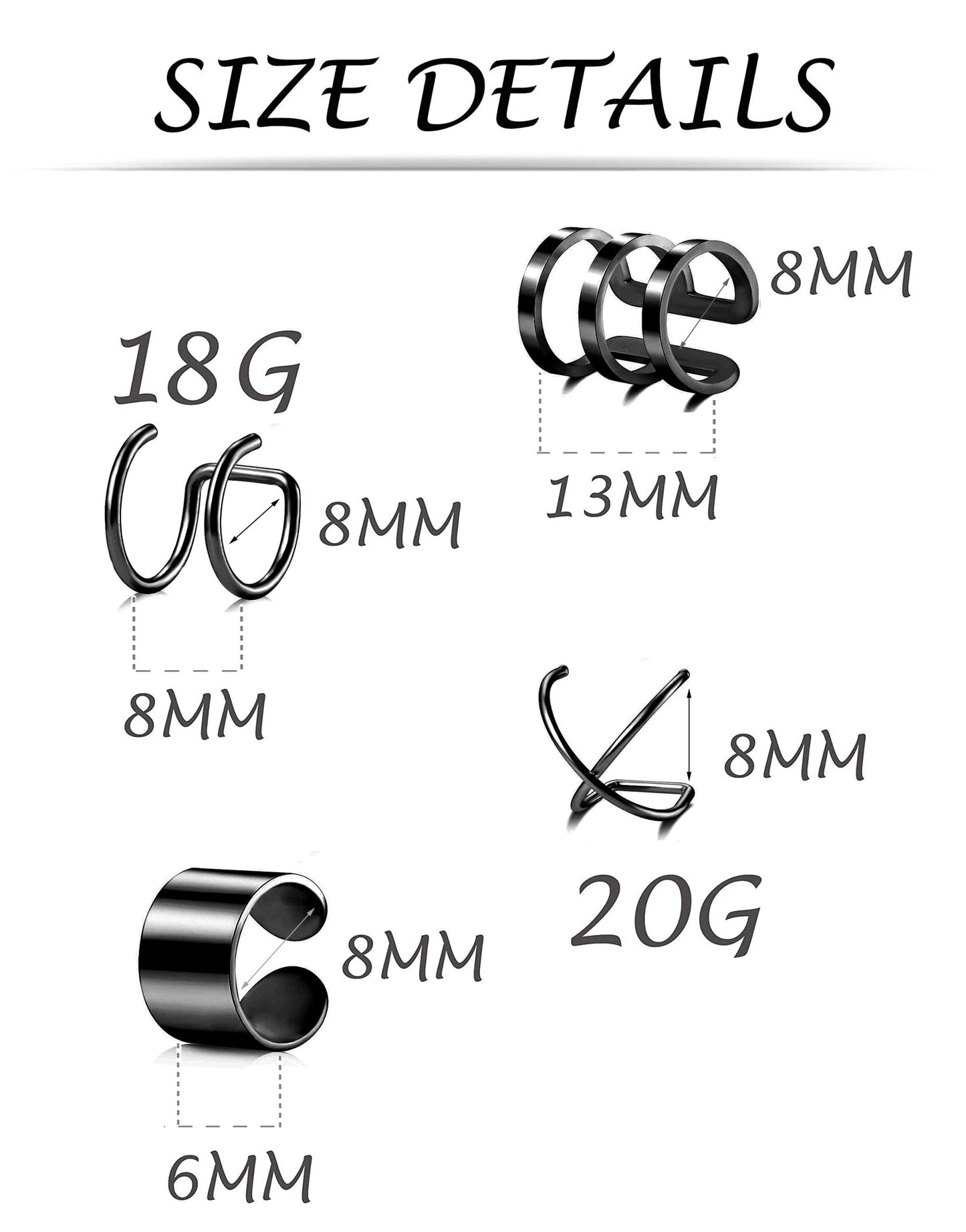 Tornito 4-10 Pairs Stainless Steel Ear Cuff Helix Cartilage Clip On Wrap Earrings Fake Nose Ring Non-Piercing Adjustable (E1:4 Pairs, Black Tone)