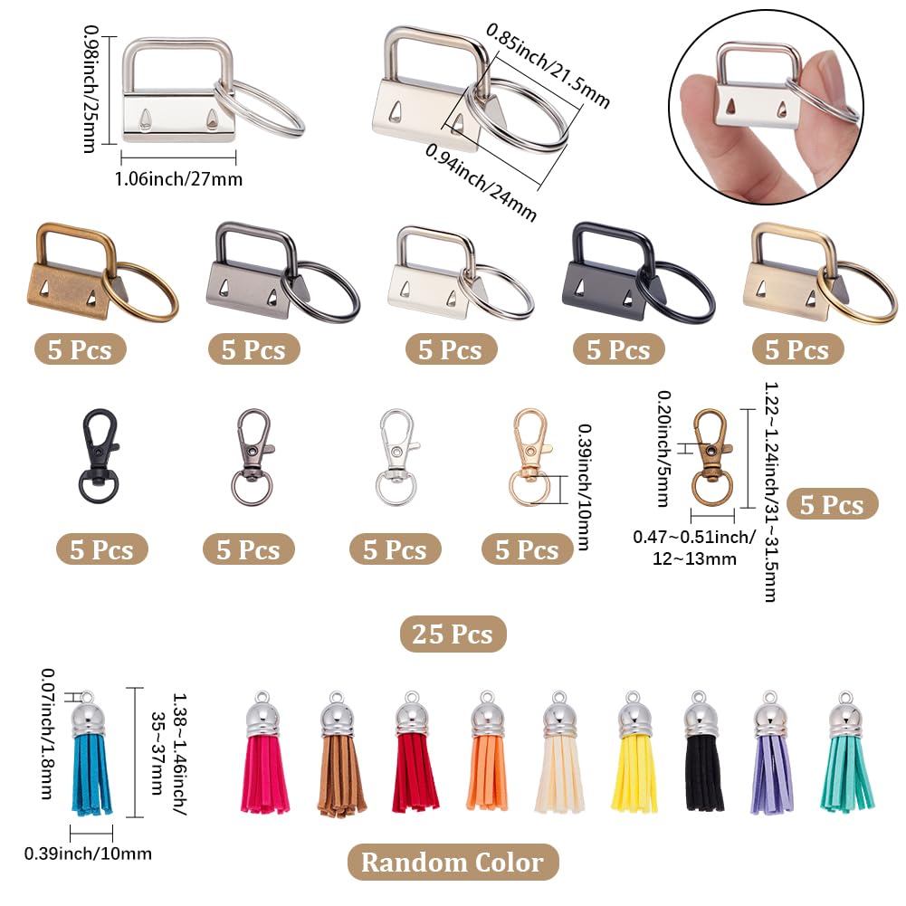 SOFPLATE 75Pcs 6 Colors 1 Inch Key Fob Hardware Kit Lanyard Hardware Set with Keyrings 25 Tassel Charms 25 Swivel Snap Hooks Wristlet Keychain Kit for Key Chain Making DIY Crafts Accessories Supplies