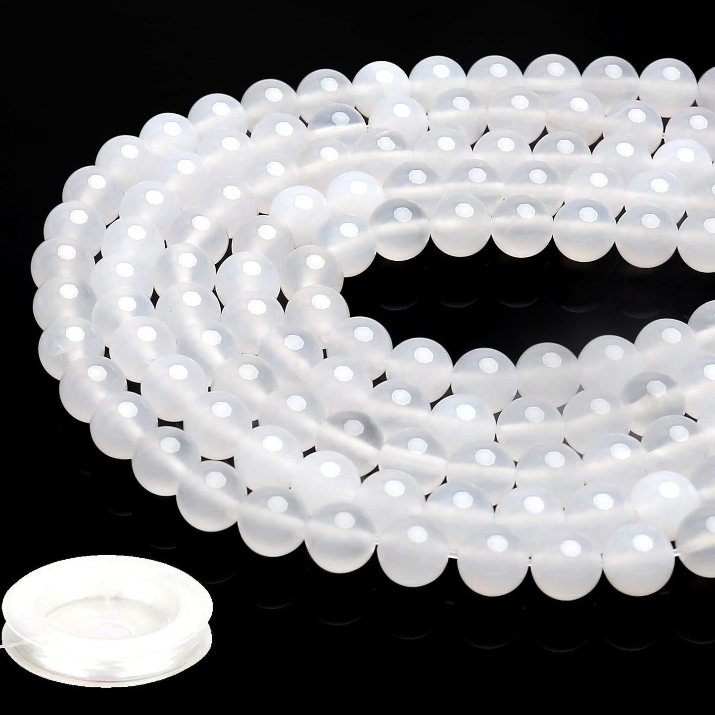 70PCS Natural 8MM Healing Gemstone, White Agate Energy Stone Round Loose Beads, Semi-Precious Crystal Beads with Free Elastic String for Jewelry Making DIY
