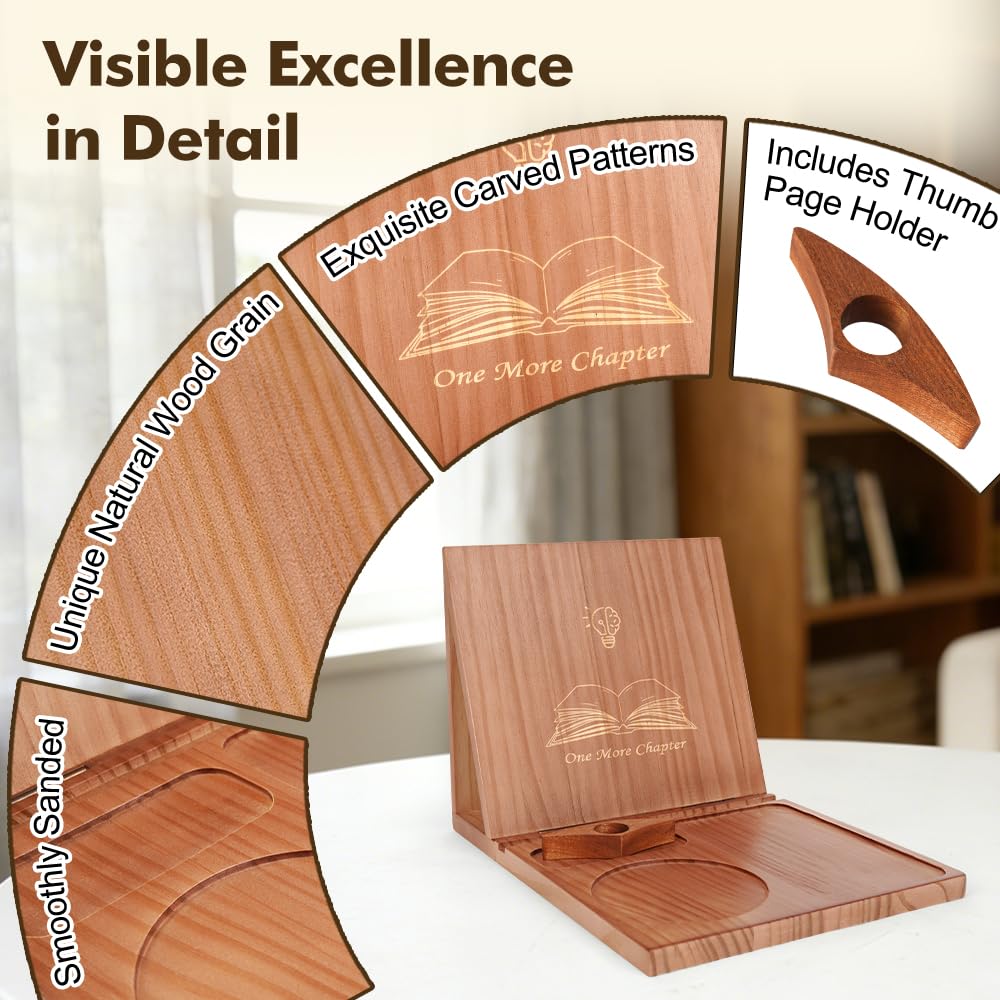 Triangle Book Holder Stand & Reading Valet, Foldable Wooden Book Rest with Cup, Phone, Glasses & Pen Holder, Includes Thumb Page Holder, Ideal Reading Accessory Gift for Book Lovers, Readers