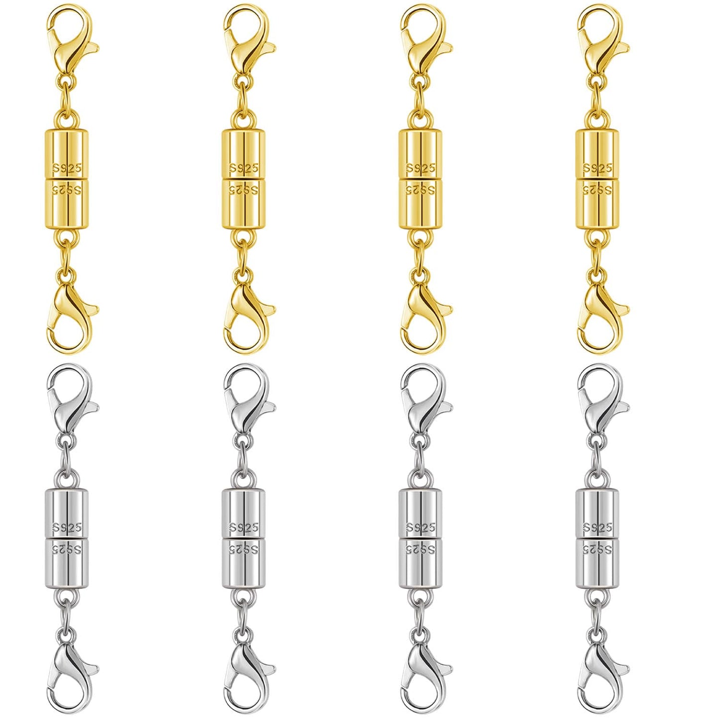 Magnetic Jewelry Clasps, 925 Sterling Silver, Strong Magnetic Closures for Necklaces and Bracelets (8pcs Golden Silvery)
