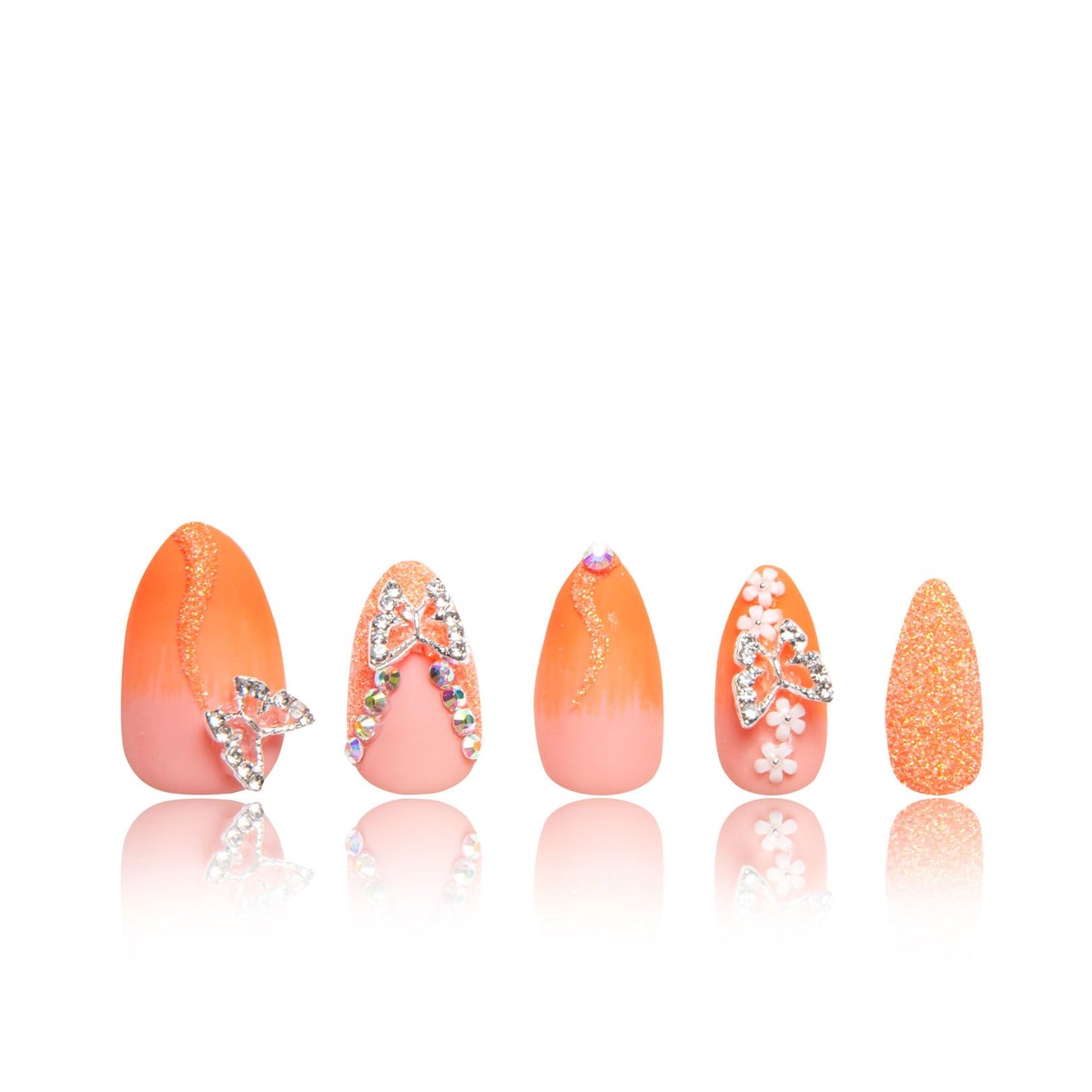 LOVFUL Press on Nails Citrus Bloom | Handmade with Full Covered Crystals | Reusable Fake Nails | Almond Regular 1.0 in | H209-L
