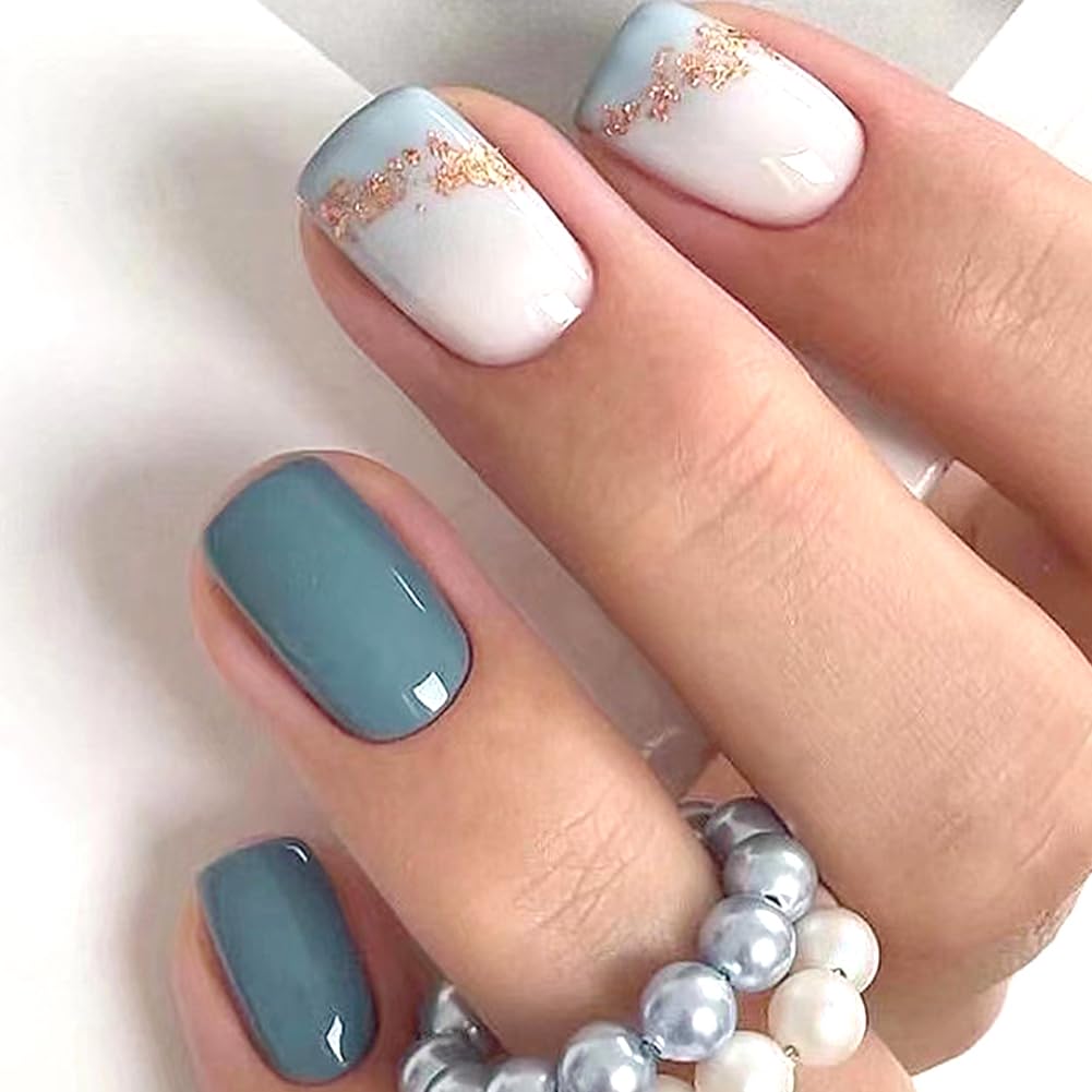 Extra Short Press On Nails Glue On Square Glossy Blue Fake False Nails with Glitter Press Ons Designs Artificial Stick on Nail for Women Girls 24Pcs