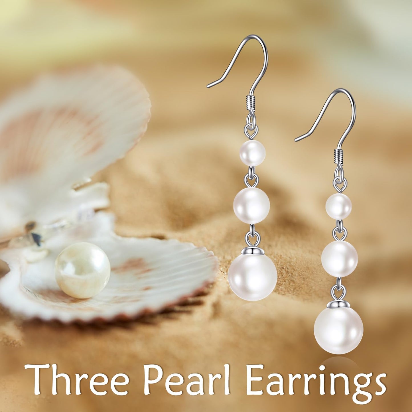 925 Sterling Silver Pearl Dangle Earrings Three Pearls Drop Jewelry Birthday Gifts for Women (Pearl)