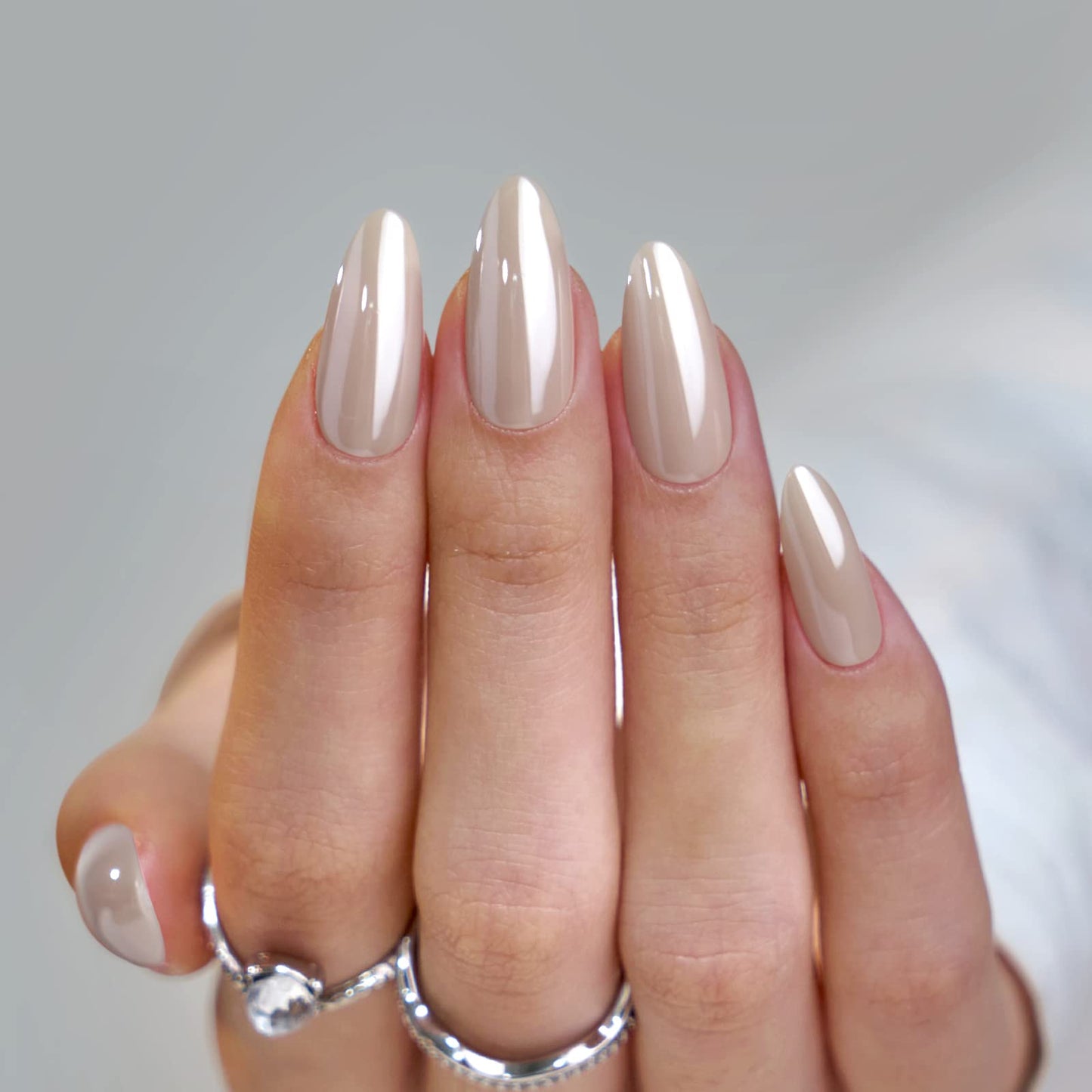 BTArtbox Press On Nails Almond - Medium Soft Gel Chrome Nails, Glue On Nails with Nail Glue, Reusable Stick On Nails in 16 Sizes - 32 Soft Gel Fake Nails Kit, Nuts Glazed