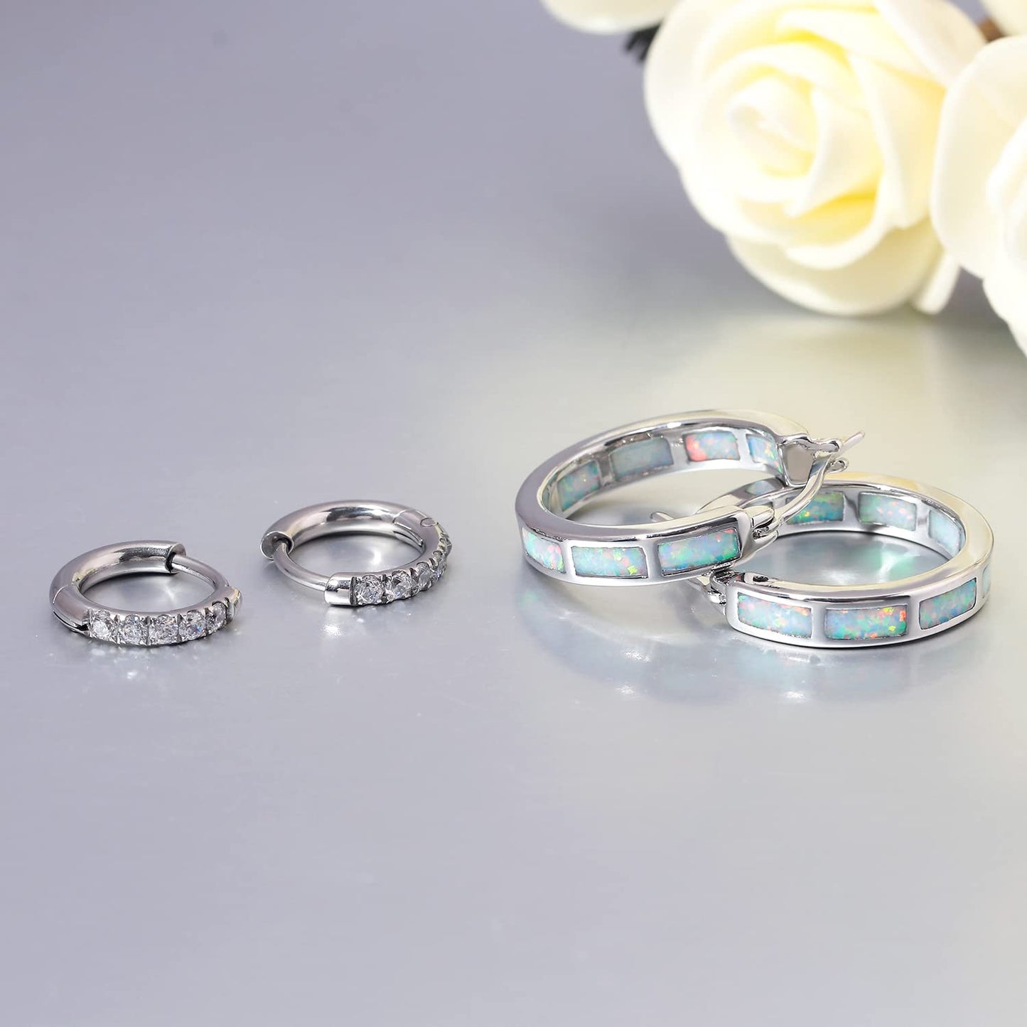CiNily 2 Pairs Hoop Earring Set for Women Silver Plated Opal Small Hoop Earring Hypoallergenic Cubic Zirconia Tiny Earrings