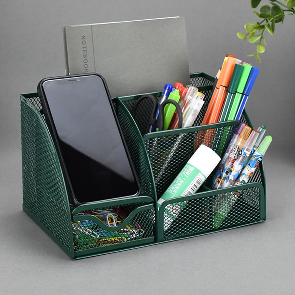 UNVARYSAM Green Desk Organizer Mesh Drawer Storage Accessories with 6 Compartments and Drawer, Desktop Caddy Storing Stationery Trinkets Cosmetics Jewelry Electronic Gadgets for Workspace Classsroom