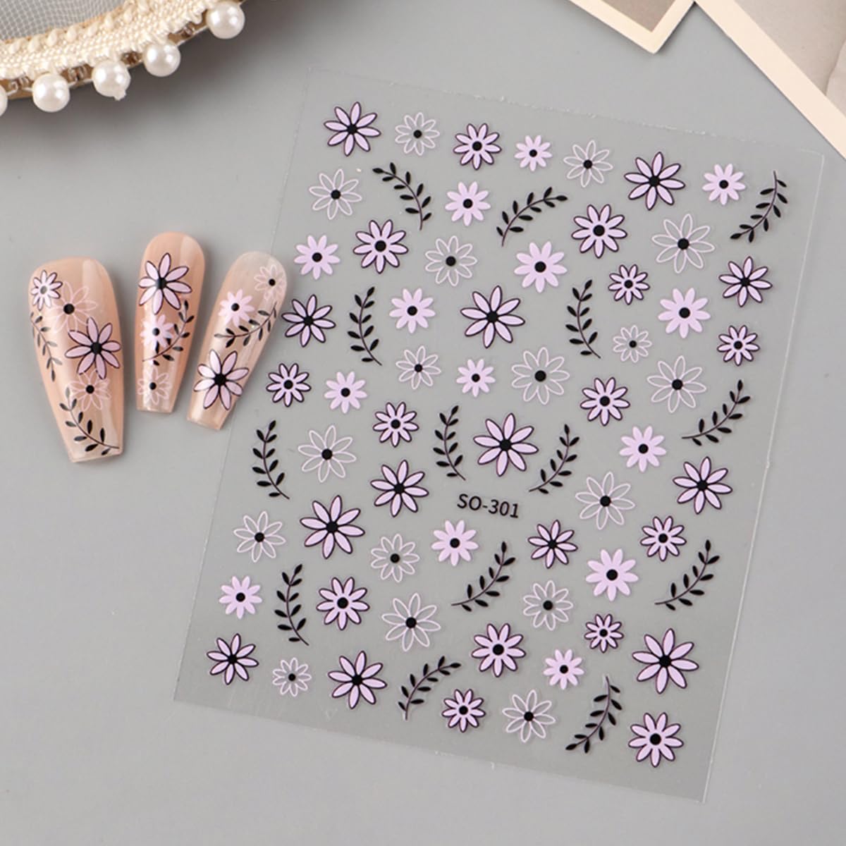 Black White Daisy Flowers Nail Stickers 3D Self Adhesive Purple Floral Nail Art Stickers Spring Cute Little Daisy Flower Nail Decals for Women Spring Summer DIY Nail Decor (6 Sheets)