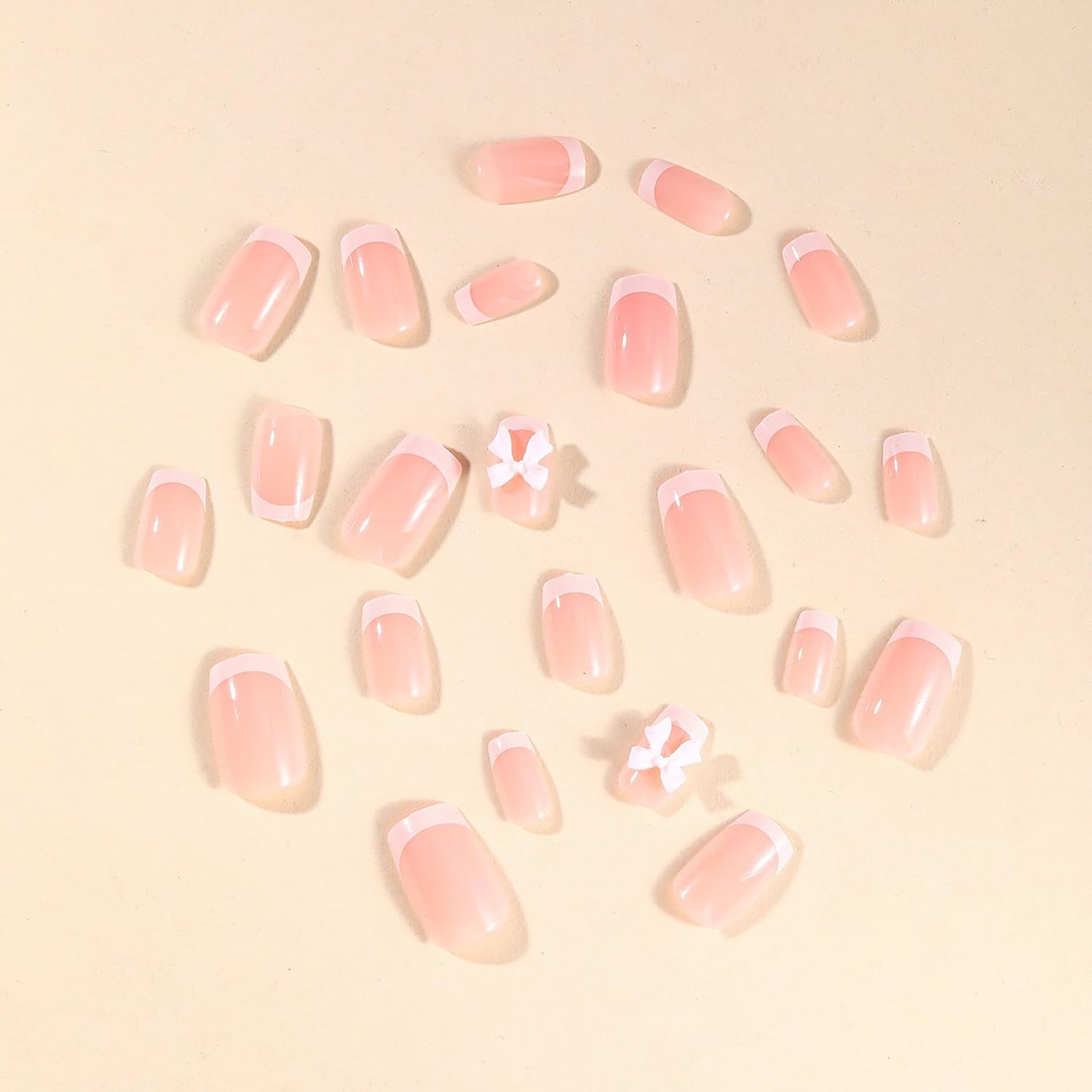 Press on Nails Short Square MABKJLF White French Tip Fake Nails False Nails with Designs Bow Charm Glossy Glue on Nails Stick on Nails Acrylic Nails for Women Girls 24 Pcs