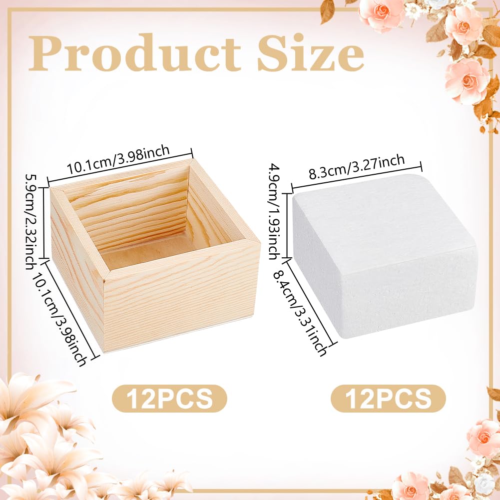 AHANDMAKER 12 Pack Unfinished Wooden Boxes Rustic Natural Wooden Crates with Foam Inserts for Floral Arrangement Home Decor Wedding Centerpieces Christmas Party Craft 4x4x2.3 Inch