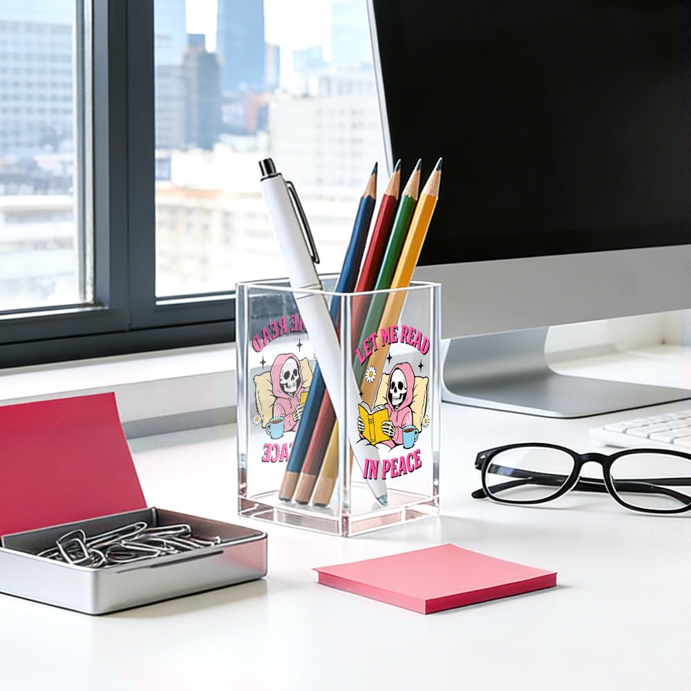 MGLZXLU Let Me Read In Peace Acrylic Pencil Pen Holder Cup, Reading Book Club Makeup Brush Storage Organizer, Cute Bookish Desk Accessories Holder Gifts for Daughter Reader Librarian Teacher Holders