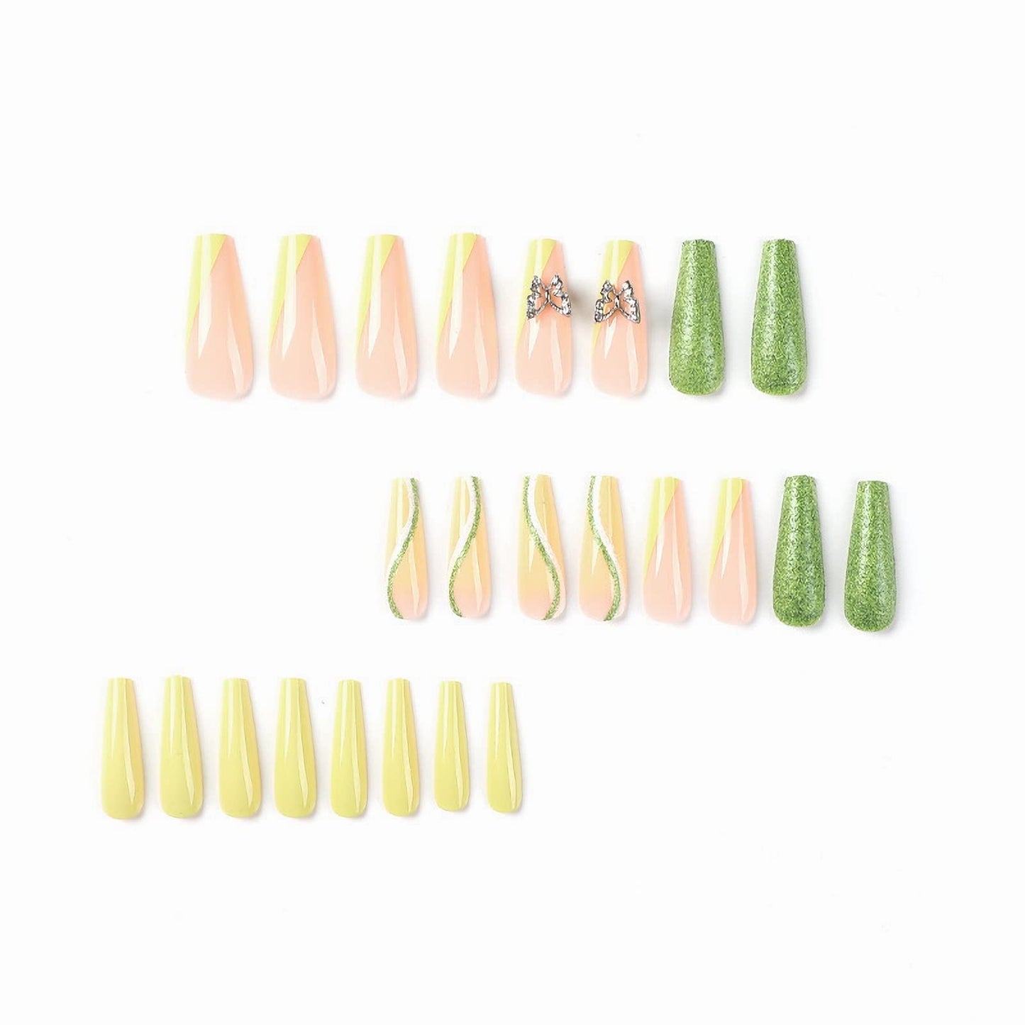 MISUD Press on Nails - Long Coffin Glue on Nails with Green, Acrylic Butterfly Rhinestone Design 24 pcs
