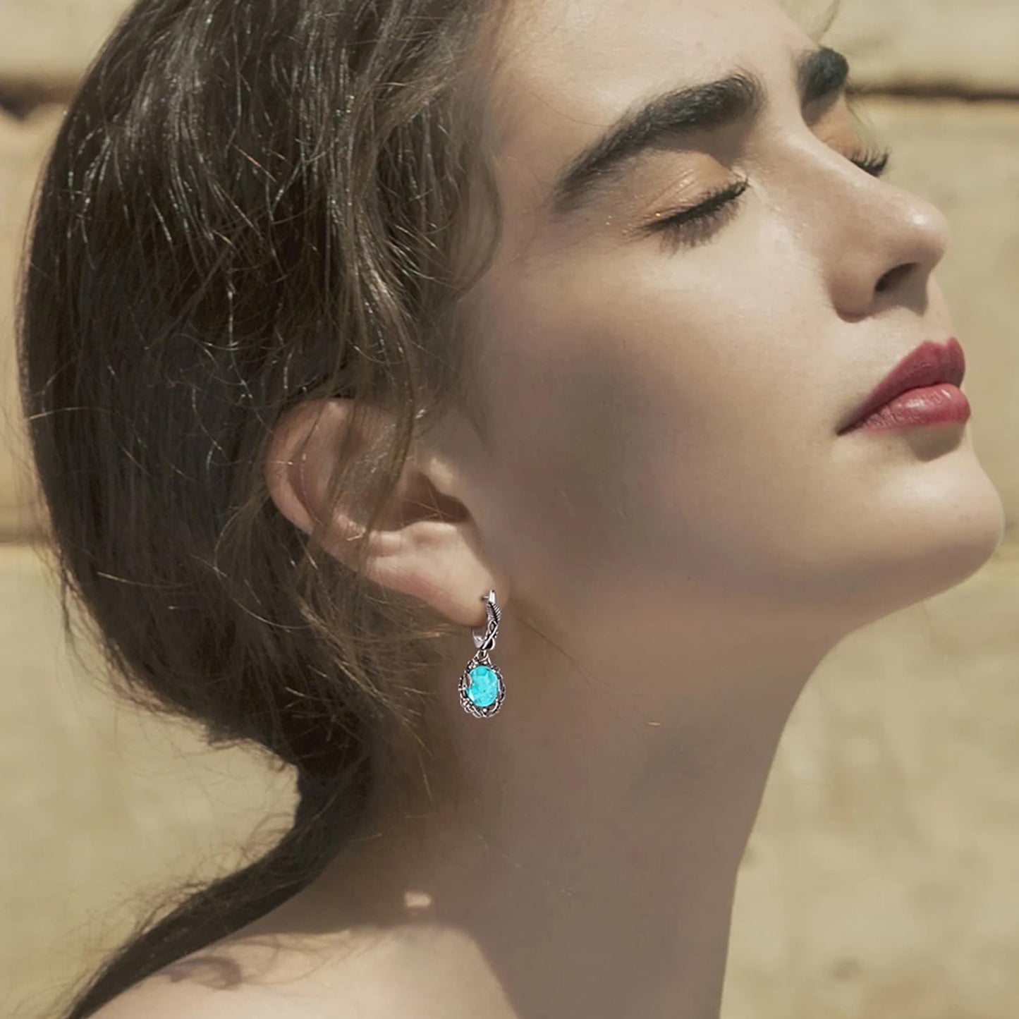 Phyonio Western Blue Oval Turquoise Dangle Earrings for Women Leaf Vine Flower Latch Back 925 Sterling Silver Earring Vintage Oxidised Boho Jewelry Valentines Day Gift for Wife