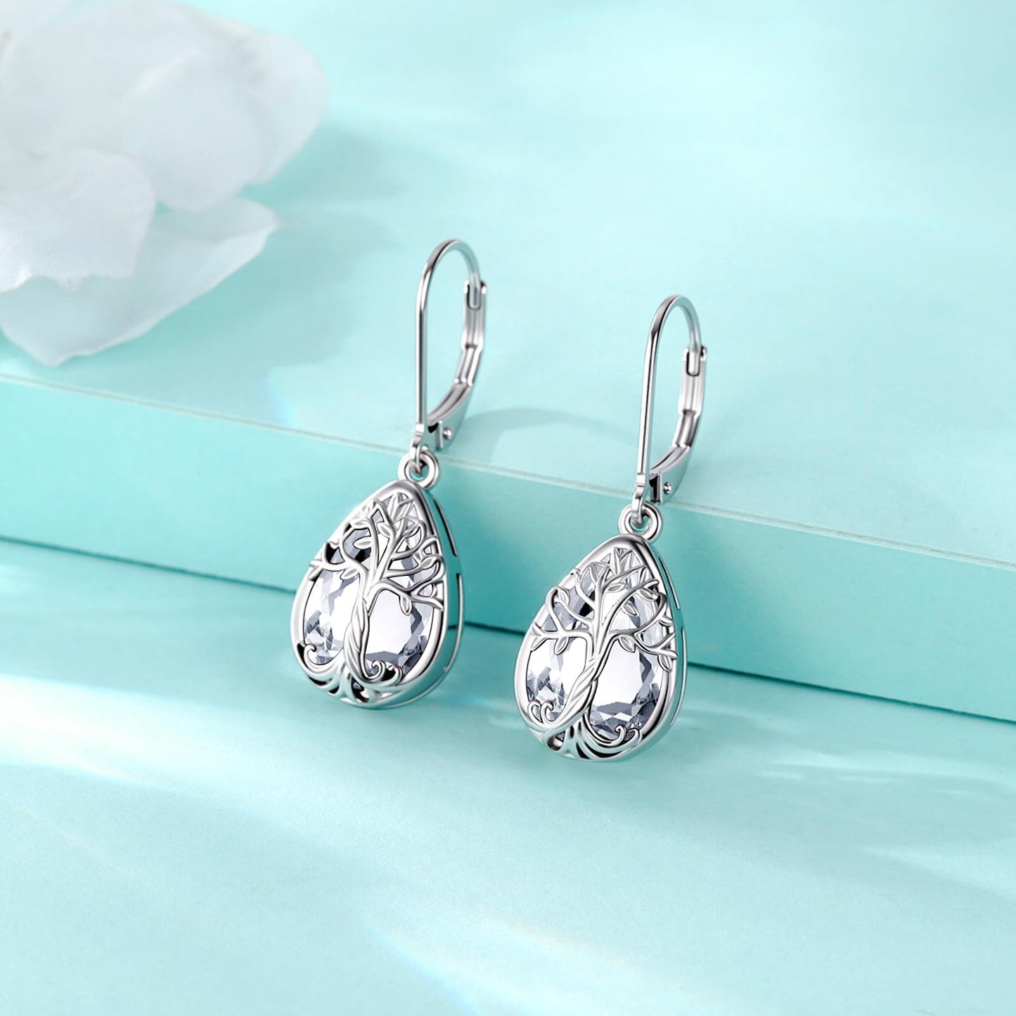 Eusense Tree of Life Dangle Earrings Teardrop Drop Sterling Silver Earrings CZ Clear White Birthstone Leverback Tree of Life Jewelry Gift for Women