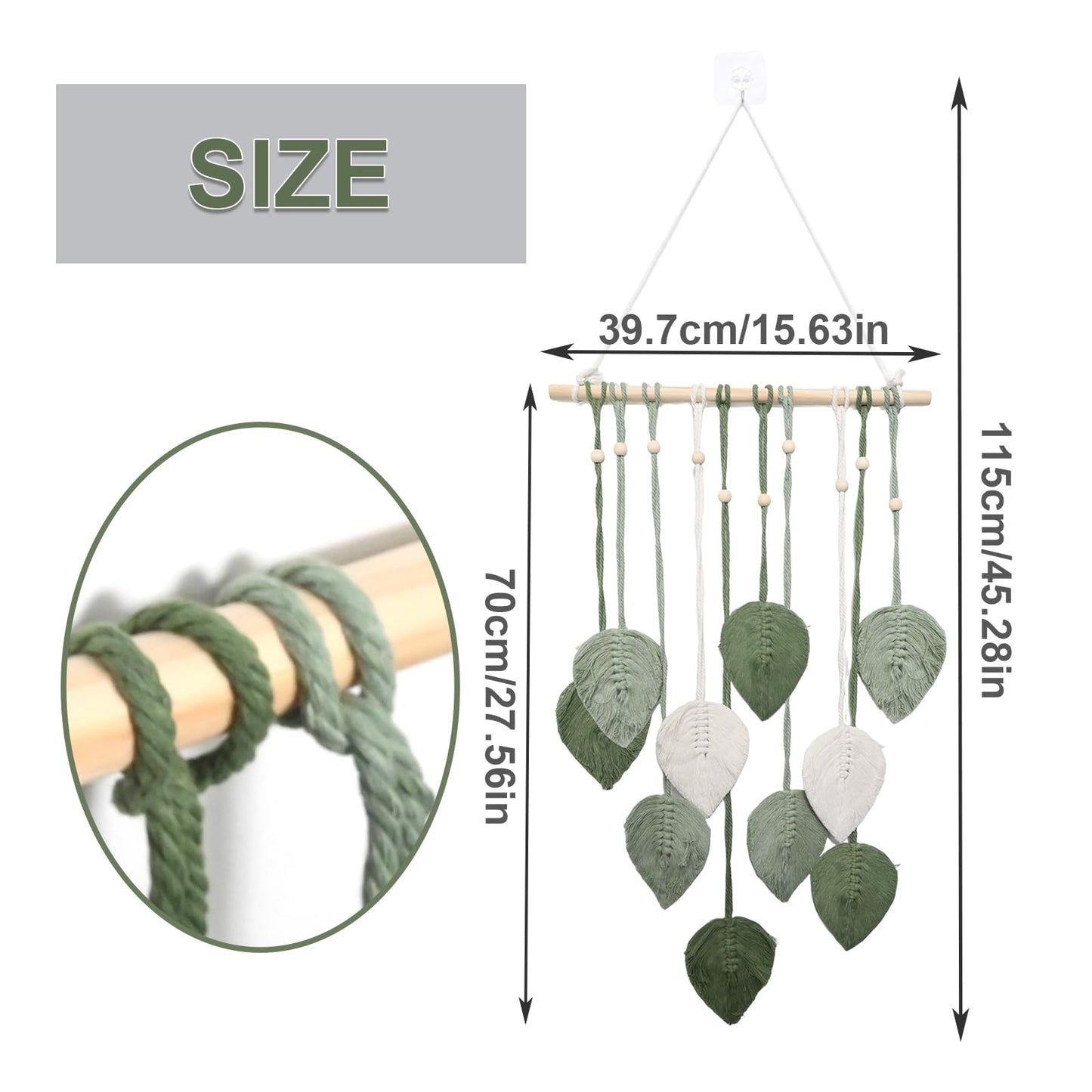 ZUDKSUY Boho Wall Hanging Decor, 16" x 35" Woven Leaves Tapestry with Feather & Yarn Tassels, Handmade Macrame Wall Art in Light Green for Living Room Bedroom Nursery