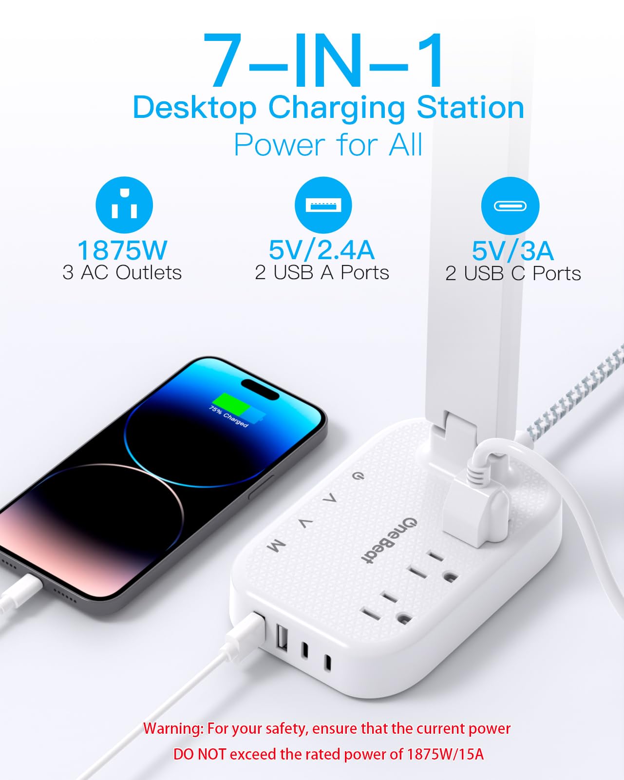 One Beat Small LED Desk Lamp Power Strip 5ft Extension Cord with 3 Outlets 4 USB Ports(2 USB C), 4 Modes, 5 Level Touch Lamp Study Reading Light, Home Office Bedroom College Dorm Room Essentials,White