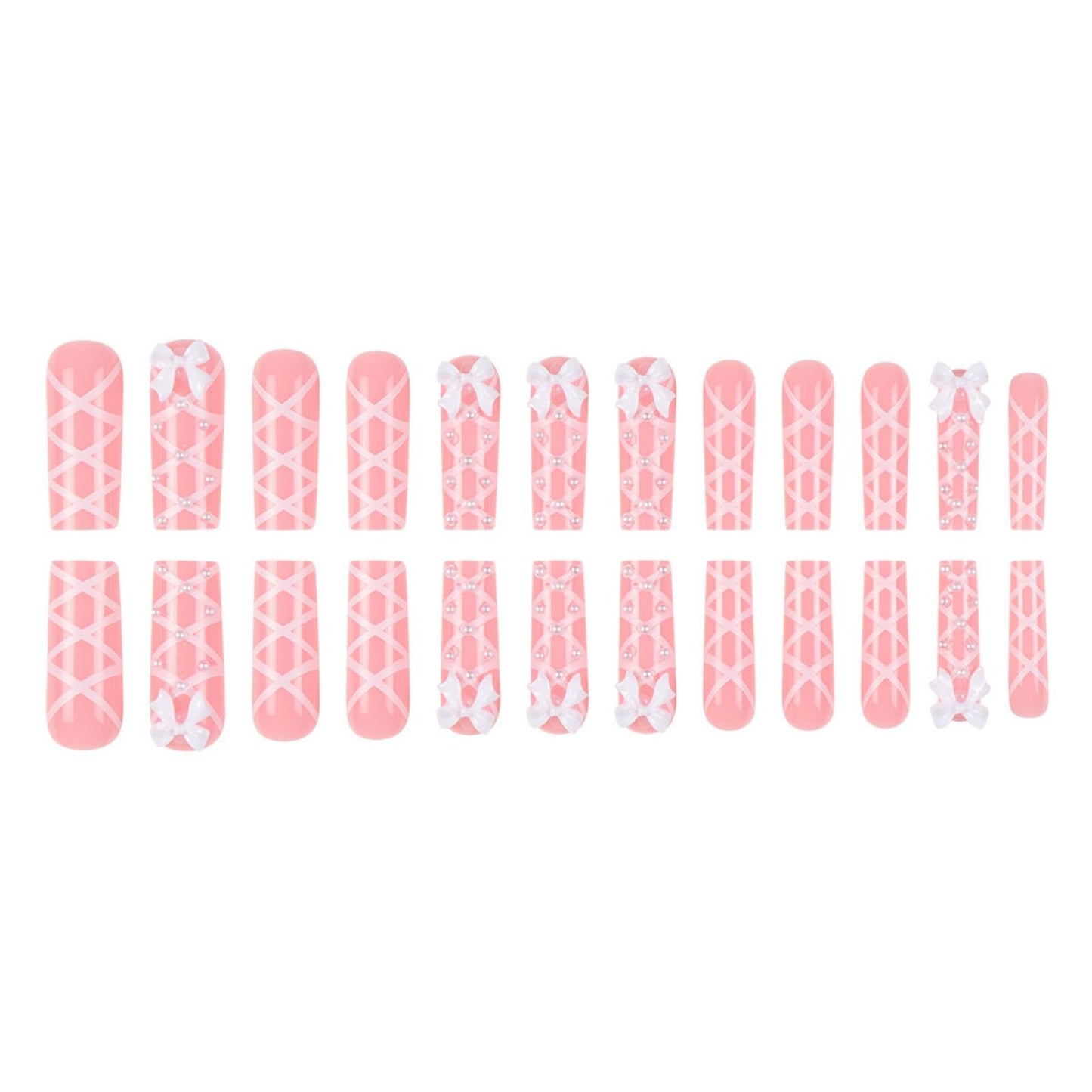 SEENEEY Long Press on Square Nails, 24pcs Pink Artificial Nails with White Bow Designs, Acrylic Material, Full Cover Nail, Press-On False Nails