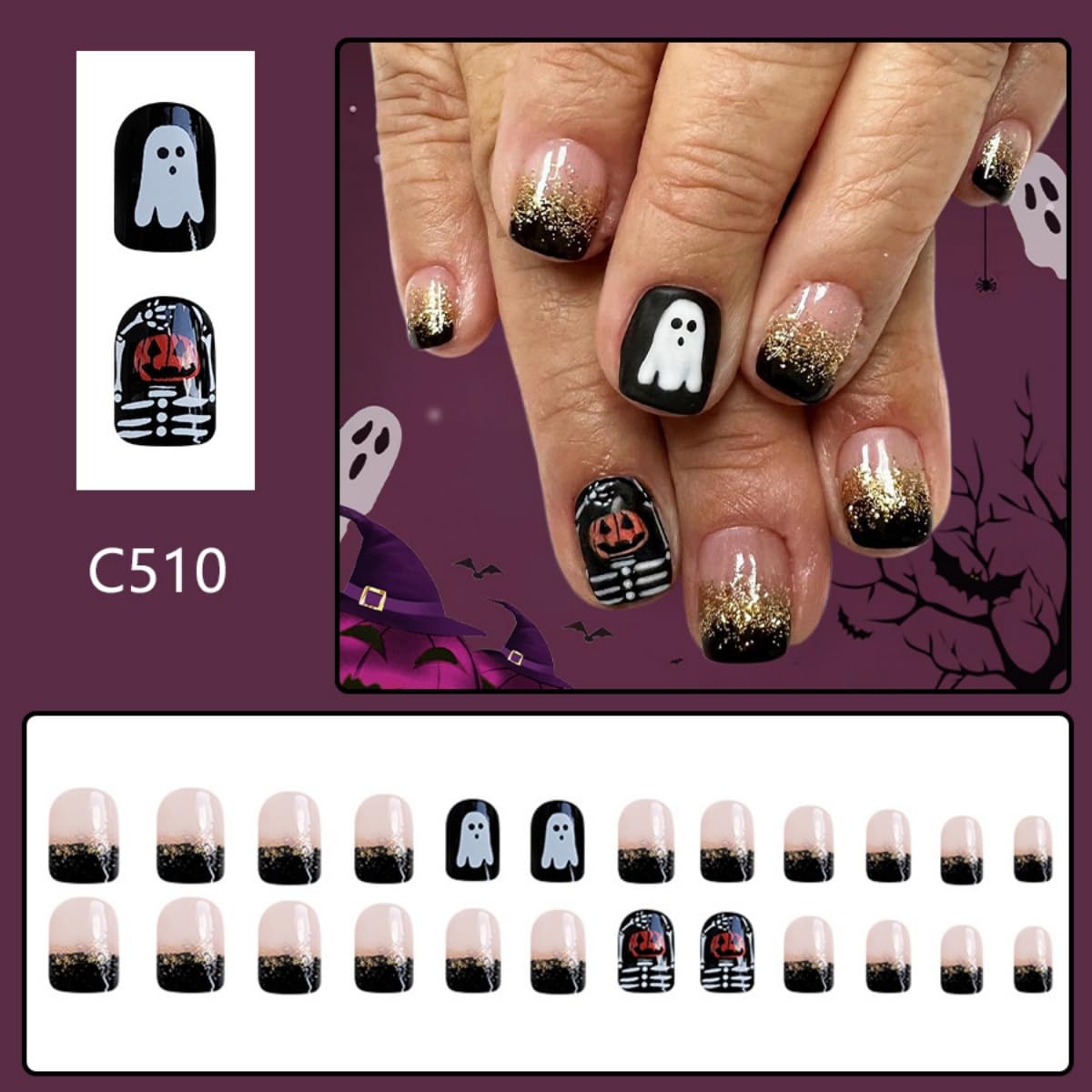Halloween Press on Nails Short Square Fake Nails Pumpkin Ghost Skeleton Desige Stick on Nails Gold Glitter False Nails Gradient Artificial Handmade Acrylic Glue on Nail for Women Manicure 24Pcs