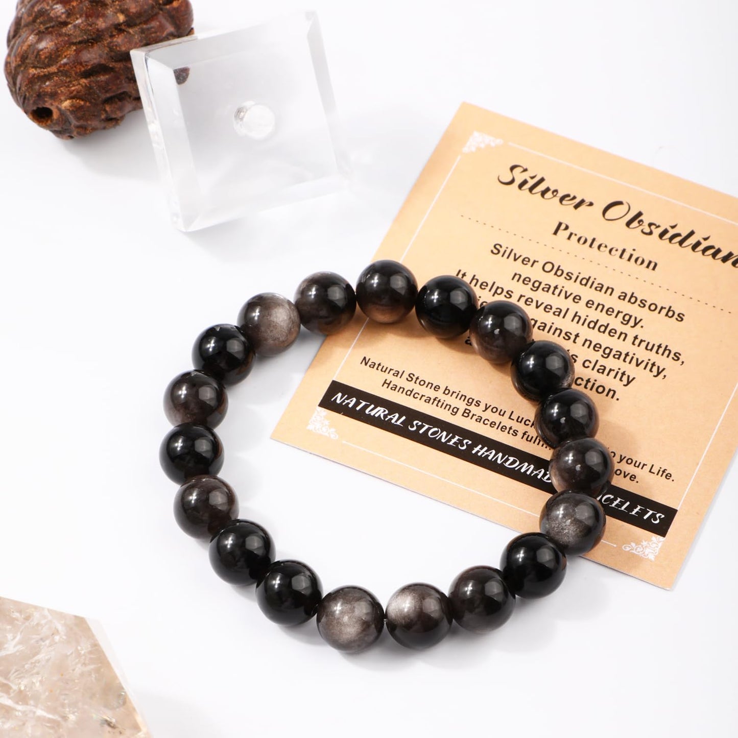 AD Beads 8mm Handmade Silver Obsidian Elastic Bracelet – Natural Gemstone for Protection – Meditation, Yoga, Healing and Energy Gift for Men Women