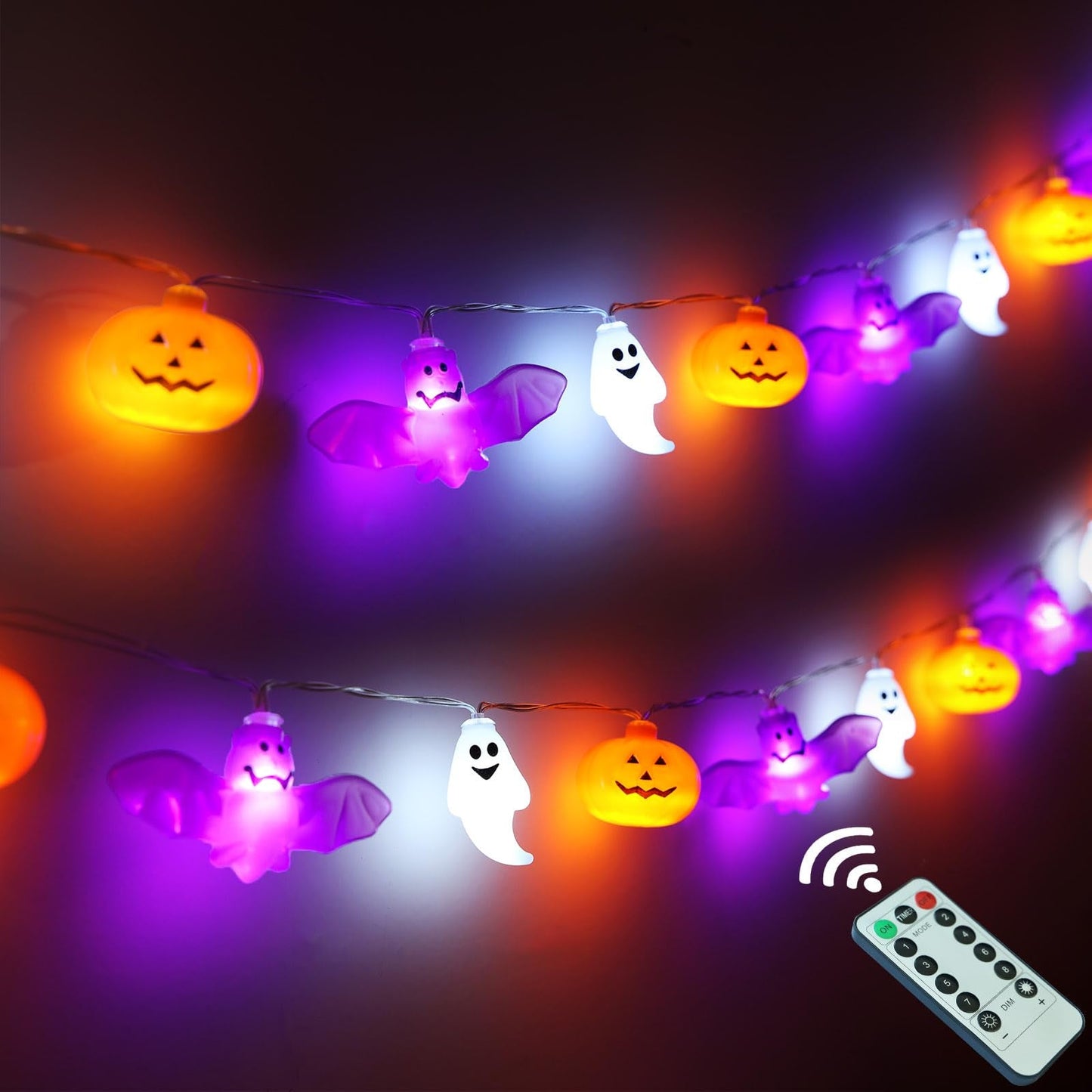 UZKEW Halloween String Lights, 16.4FT 30 LED Pumpkin Bat Ghost Battery Operated Orange and Purple Lights Strobe 8 Lighting Modes Timer Fairy Indoor Outdoor Window Front Porch Decor Party Decorations