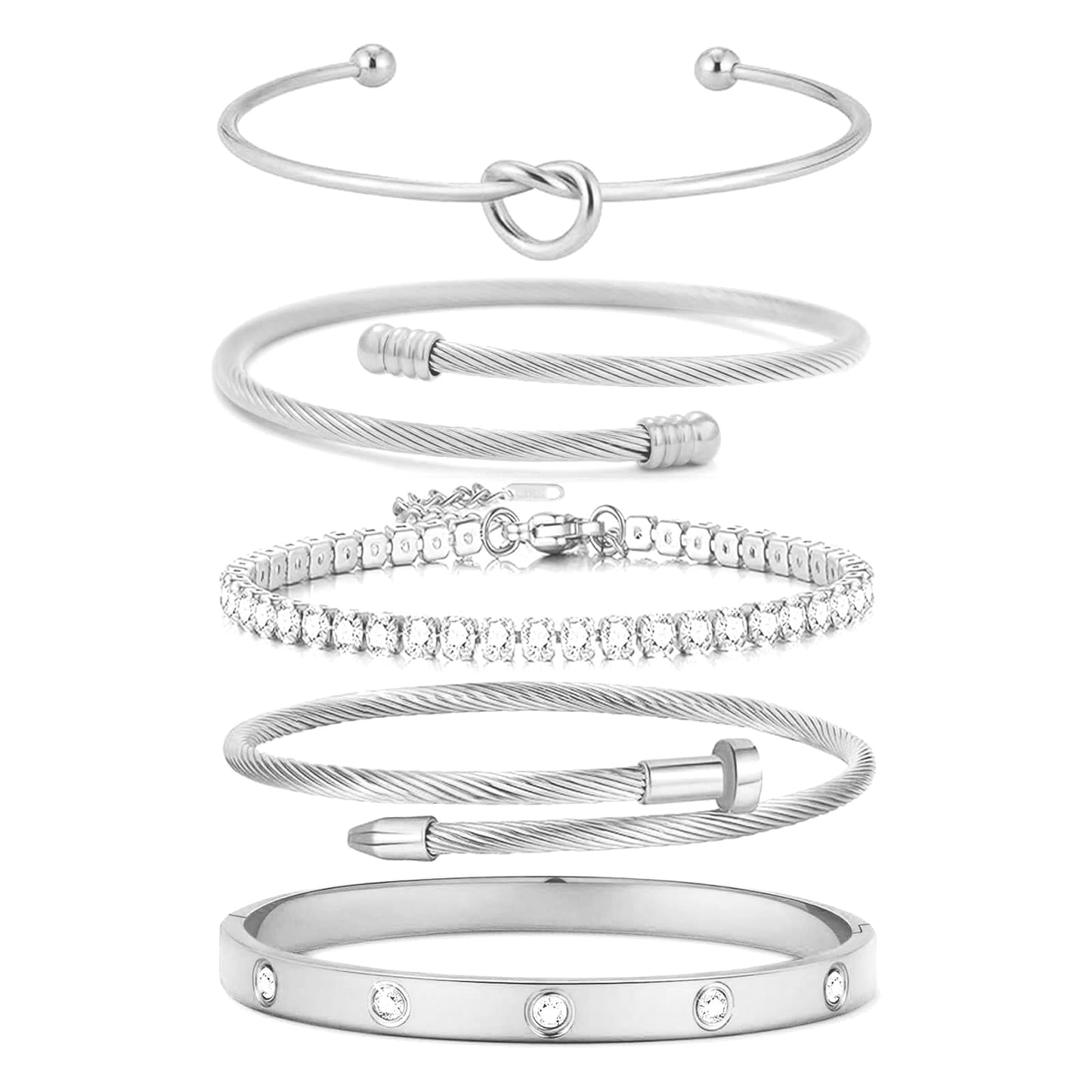 FAFUGA 18 K Silver Plated Love Bangle Bracelet Stack Cuff Jewelry for Women Jewelry Set for Women Gift with Box (B00051)