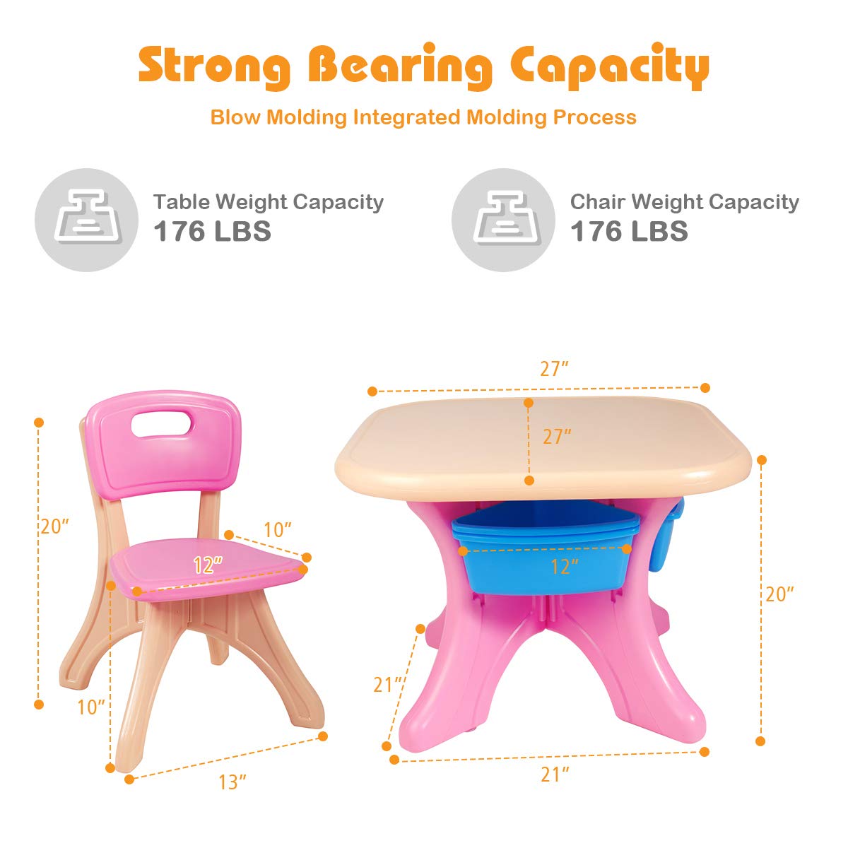 KOTEK Kids Table and Chair Set with Storage Bin, 3 Piece Activity Table Set with 2 Chairs for Toddler, Children Art Crafts Study Desk for Reading, Drawing, Painting (Pink)