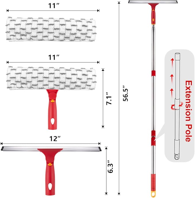 ITTAHO Squeegee for Window Cleaning, 12" Squeegee and 11" Microfiber Scrubber Combi with Stainless Steel Pole, Extendable Window Cleaner for Car, Sliding Door, Shower Glass Door-Swivel Style-2 Pads