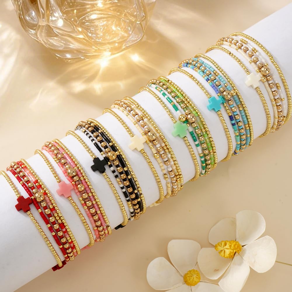 Bohxantium 14K Gold Plated Beaded Stretch Bracelets Stack Set for Women- Pink Stackable Elastic Waterproof Boho Style with Cross Bracelet - Colorful Seed Beads Jewelry Christian Faith Summer Gift