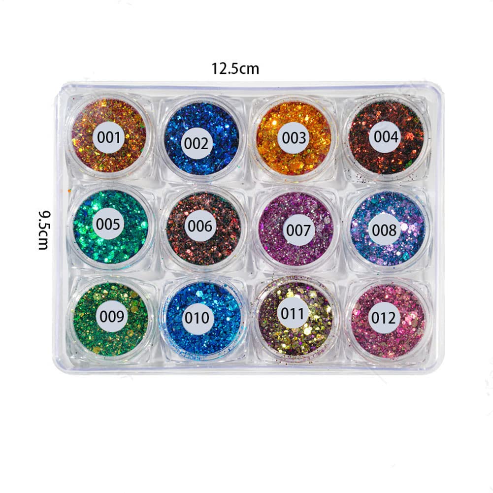 Mesiyun 12 Pots Holographic Nail Art Sequins 3D Laser Chameleon Chunky Nail DIY Sparkly Glitter Flakes for Women Manicure Tips Decorations