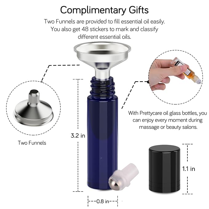 PrettyCare Roller Bottles For Oils 10 ml (Blue Glass, 60 Pack, 10 Extra Stainless Steel Balls, 72 Labels, 4 Opener, 4 Funnels Essential Oil Roller Bottles, Roller on Bottles