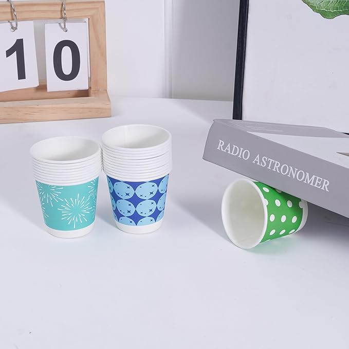 Tamone 600 Pack 3 oz Bathroom Cups, Small Paper Cups, Mini Disposable Cups Fireworks Design, Blue, Green Mouthwash Cups for Party, Picnic, BBQ, Travel, Home and Event