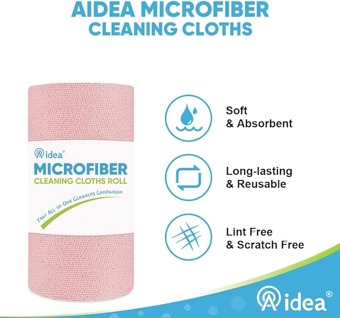 AIDEA Microfiber Cleaning Cloth Roll, 50PK, Tear Away Reusable Paper Towels Pink, Commercial Shop Rags, Microfiber Towels for Cars, Lint Free Cleaning Rags for House, Kitchen, Garage Shop, 11.5"×11.5"