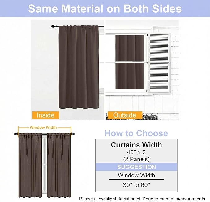 Simplebrand Ava Chocolate Short 36 Inches Blackout Curtain 2 Panels Set, Half Window Rod Pocket Privacy Curtain Tiers for Kitchen, Curtains Blackout for Bathroom Shades, W40 x L36 Inch, Chocolate