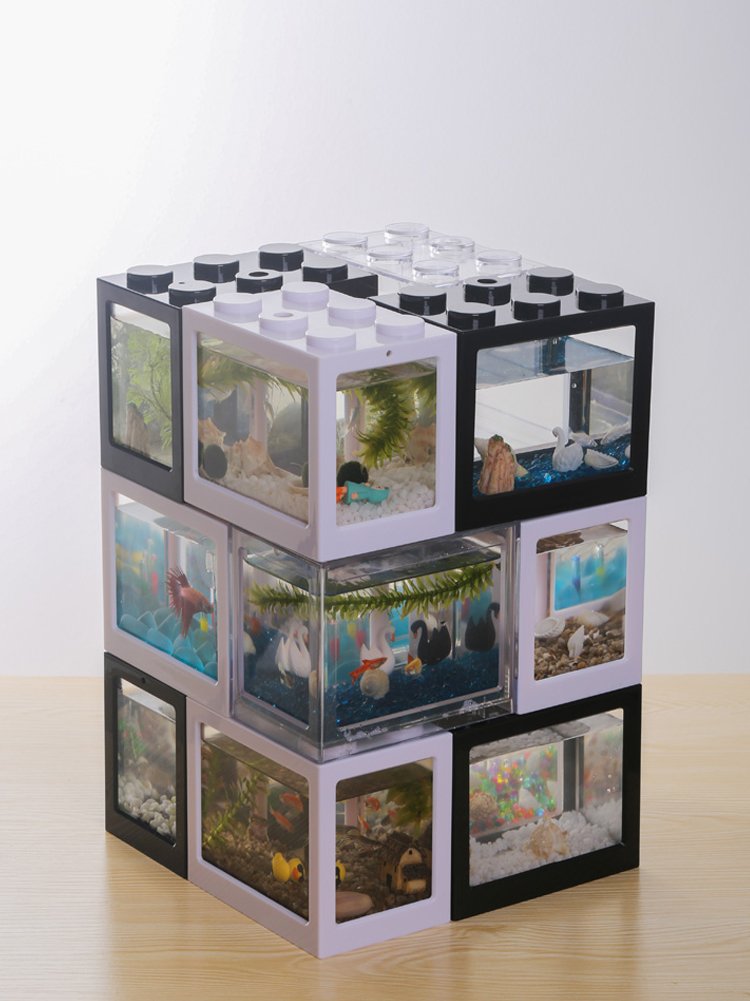 OMEM USB Mini Fish Tank, Desktop Micro-Landscape LED Aquarium Kit, Building Blocks Superimposed Fish Tank
