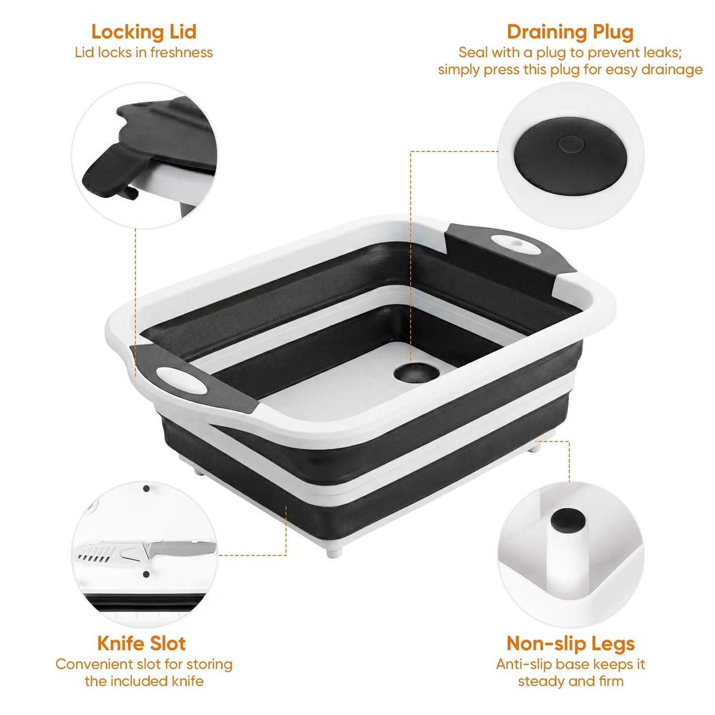 Collapsible BBQ Prep Tub with Lid, Foldable Camping Sink with Colander, Cutting Board, Dish Basin for Kitchen, Bowl, Vegetable and Fruit, Storage Basket for Picnic-Black