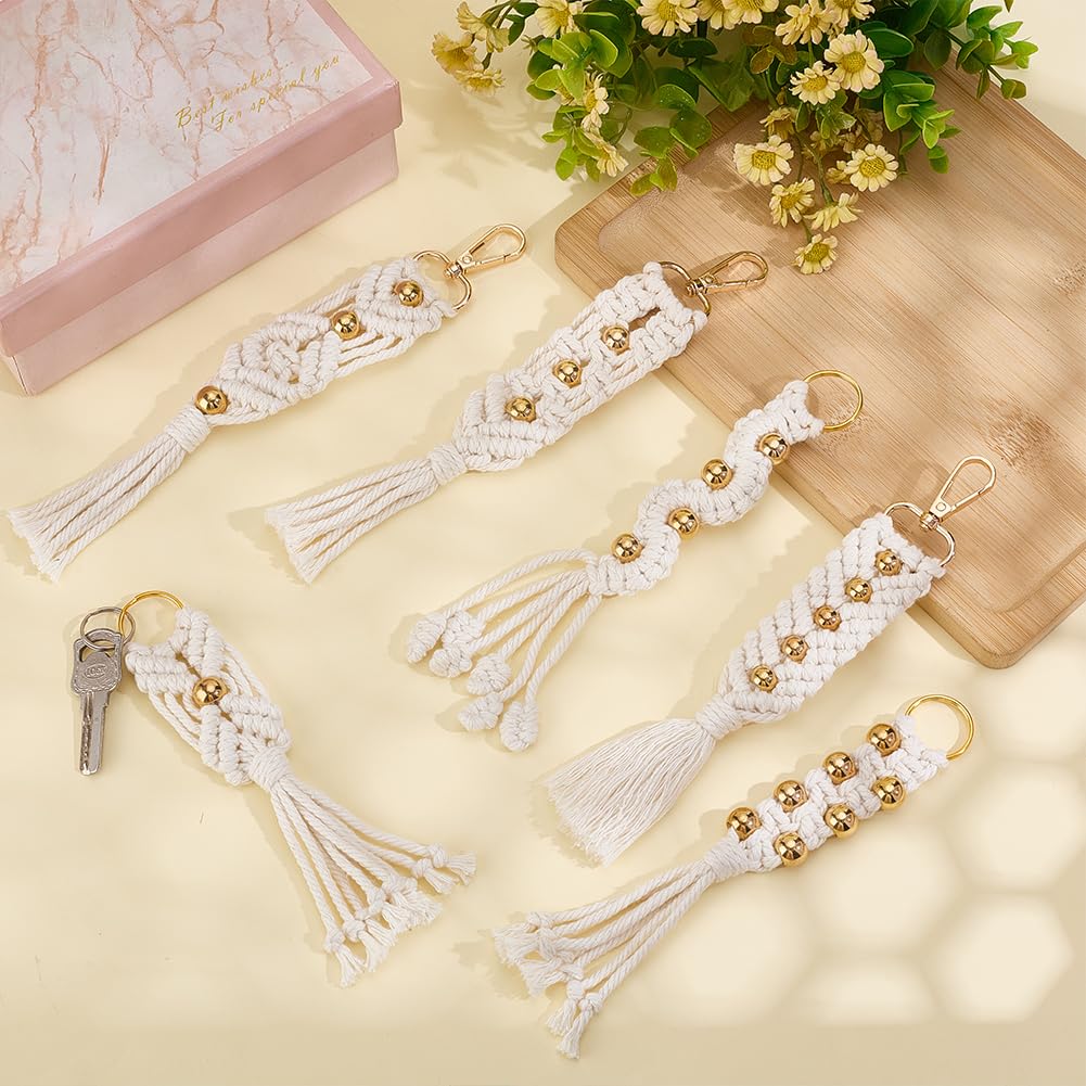 INFUNLY 6pcs DIY Macrame Keychain Kits with Golden Beads Boho Keychain Making Kit for Adult Beginner with Instruction DIY Crafts Projects Handmade Keyrings Knotting Set for Car Key Phone Wallet
