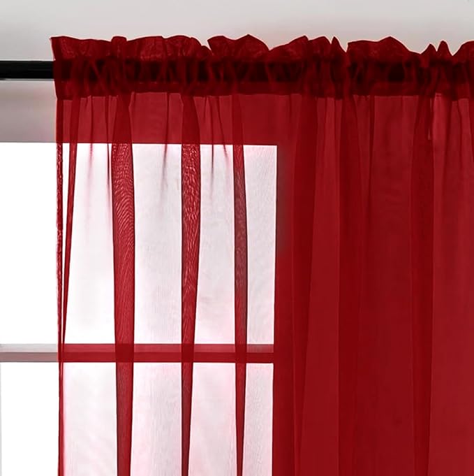 SpaceDresser Christmas Red Sheer Curtains 4 Panels Rod Pocket Semi-Sheer Curtain 45 Inches Long Light Filtering Voile Window Drapes for Bedroom Living Room Kitchen, Each 52W x 45L