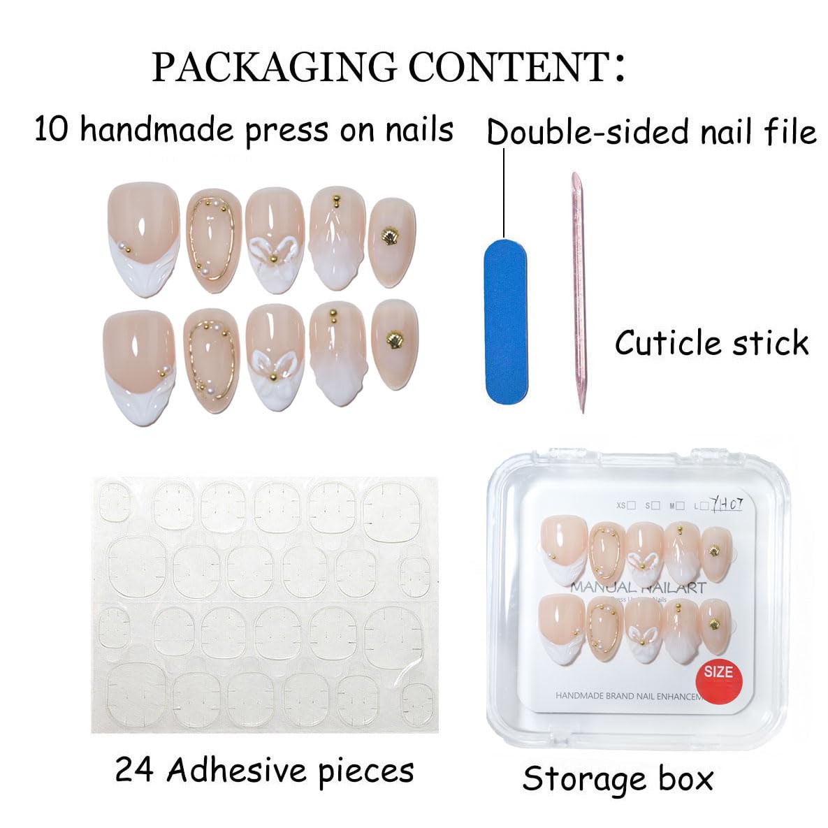 10 Pcs Short Almond Handmade Press On Nails | Nude French Tip with 3D Butterfly Floral Wave & Gold Pearl Shell Accents | Reusable, Easy to Apply & Remove, Salon-Quality Manicure (RR12, M)