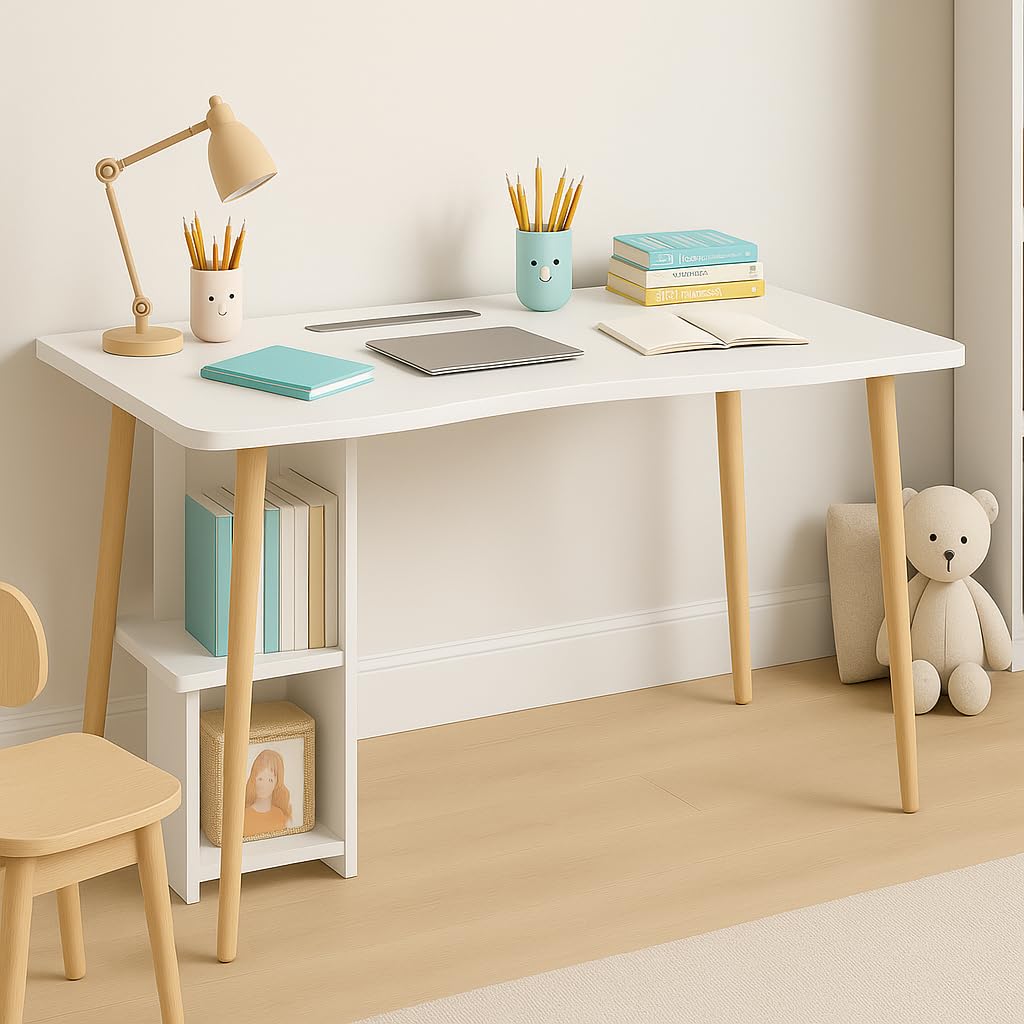 SRIAA Modern White Wooden Computer Table, 40" L x 20" W x 30" H inches – Durable and Stylish Desk for Home Office, Bedroom, or Study
