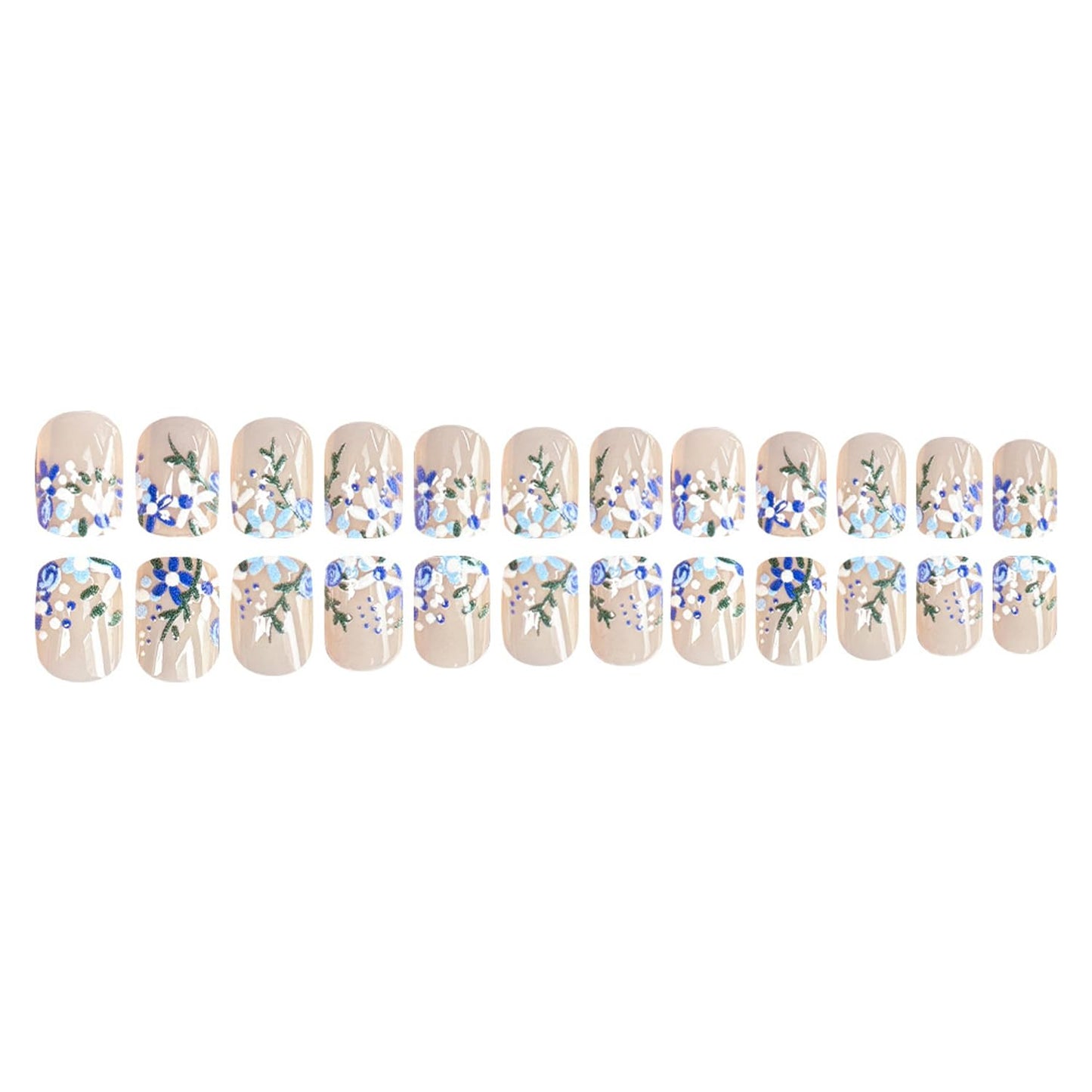 Square Press On Nails Short Fake Nails Acrylic Nails Press Ons Full Cover Glue On Nails Artificial Glossy False Nails With Blue Flower Designs Reusable Stick On Nails For Women 24pcs