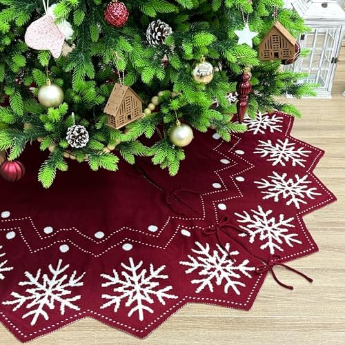 72-Inch Reversible Knit Tree Skirt with Christmas Star–Inspired Pointed Edge Border and Lace-Up Closures, Machine Washable Thick Acrylic Yarn, Burgundy & White