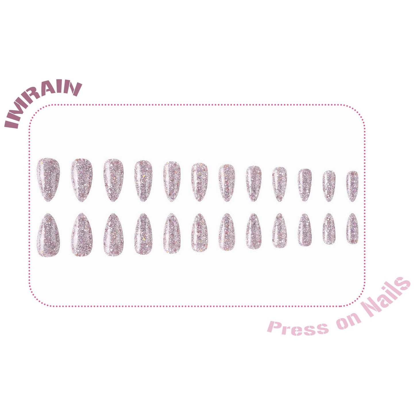 IMRAIN Glitter Press on Nails Medium Almond Pink Fake Nails Glossy Glue on Acrylic Nails Full Cover Sparkling Artificial False Nails for Women Girls 24Pcs