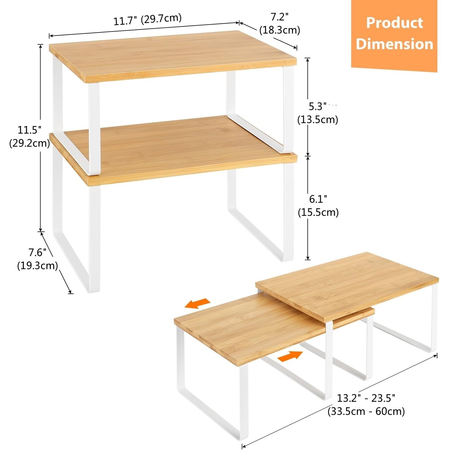 NEX Bamboo Kitchen Cabinet and Counter Shelf Organizer, Stackable & Expandable, Set of 4, White and Natural