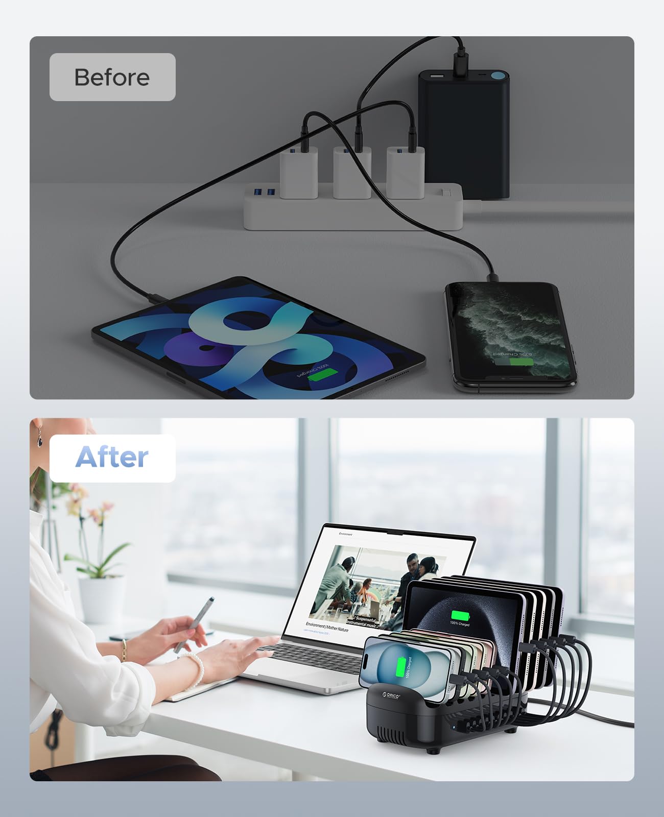 ORICO 120W Charging Station for Multiple Devices, 10-Ports USB Charging Docking Organizer with Cables, Multi USB Charging Station Compatible with iPad, Tablet, Kindle, Airpods and Cell Phone