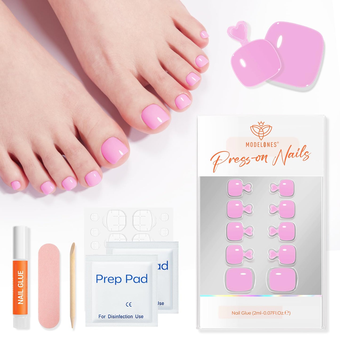 Modelones Press on Toenails Short, Lilac Pink Toe Press on Nails Square, Reusable Nail Kit with Nail Glue Adhesive Tabs Mini Nail File, Toe Nails 36Pcs 18Sizes, Spring Summer Women Girl Gift