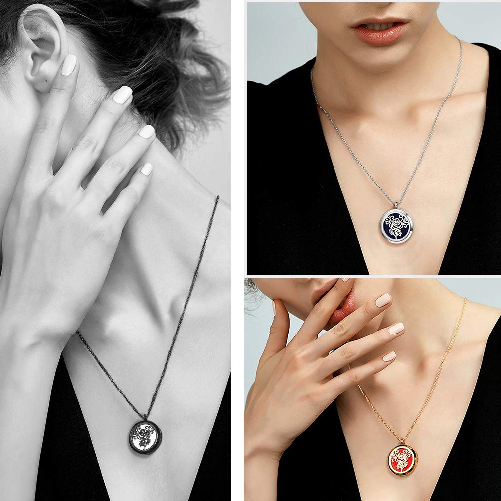 Diffuser Aromatherapy Necklace,Perfume Locket Pendant Charm,Delicate Rose Flower Hot Women Jewelry,Black Stainless Steel